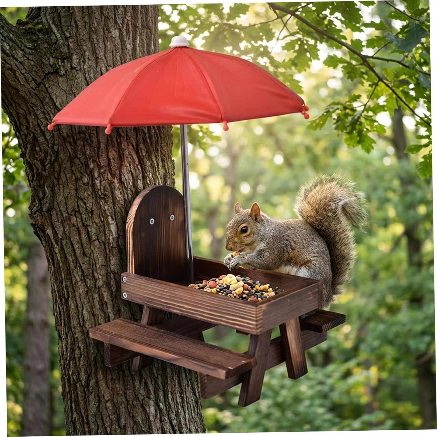 Squirrel Picnic Table with Red Umbrella, Wooden Chipmunk Feeder for Outside, Burnt Semicircular Corn Cob Holder Wildlife, 18x21x18cm
