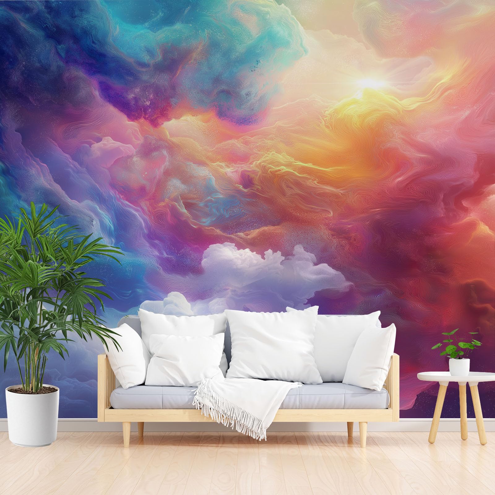 Papier Peint Intissé Nuages Colorés pour Rénover et Agrandir un Salon Sombre 3D