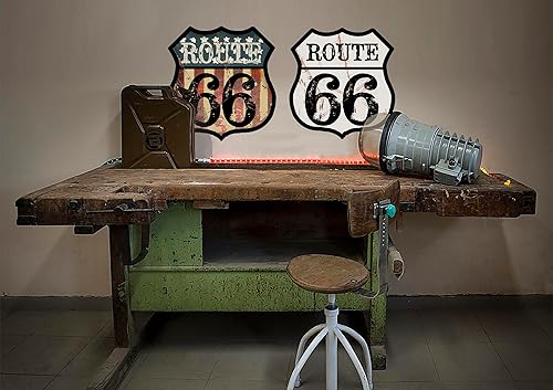 Miniatura 2 de Letrero de hojalata vintage Route 66 con bandera estadounidense nostálgica Letreros de garaje con forma de escudo de 15 x 14 pulgadas, letreros de