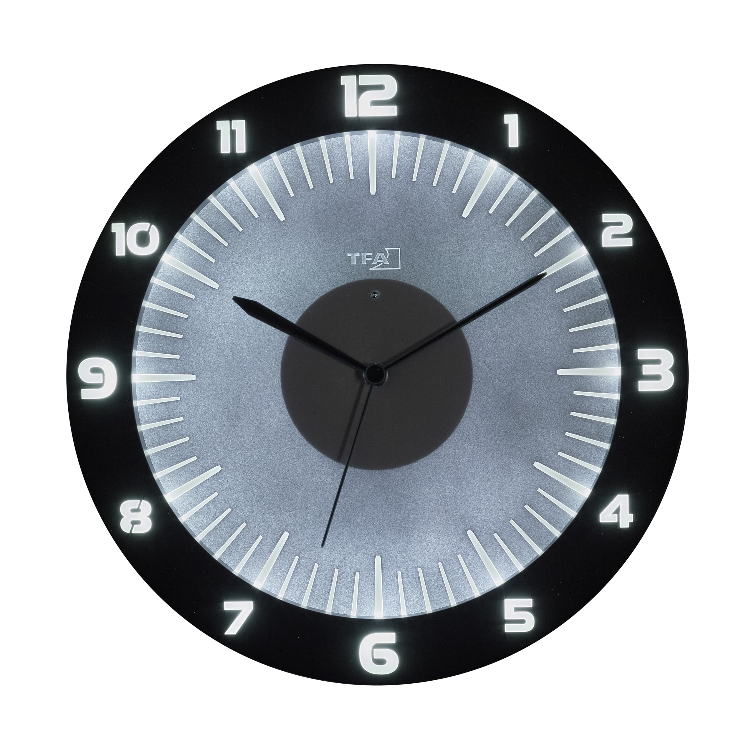 TFA Dostmann Analoge Leuchtende Wanduhr mit LED Lumoclock, 60.3553, inkl 9 Farbvarianten, Gaming Accessoires, Wand-Dekoration Bar, Nachtuhr, Leuchtuhr, inkl. Funk-Wanduhr, mit 3-D Ziffern, 30cm, grau