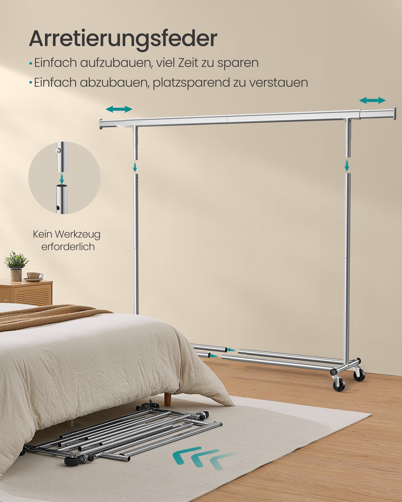 SONGMICS Kleiderständer auf Rollen, Schwerlast-Garderobenständer, ausziehbare Kleiderstange, bis 150 kg belastbar, einfache Montage, transportabel, silbern HSR175E01