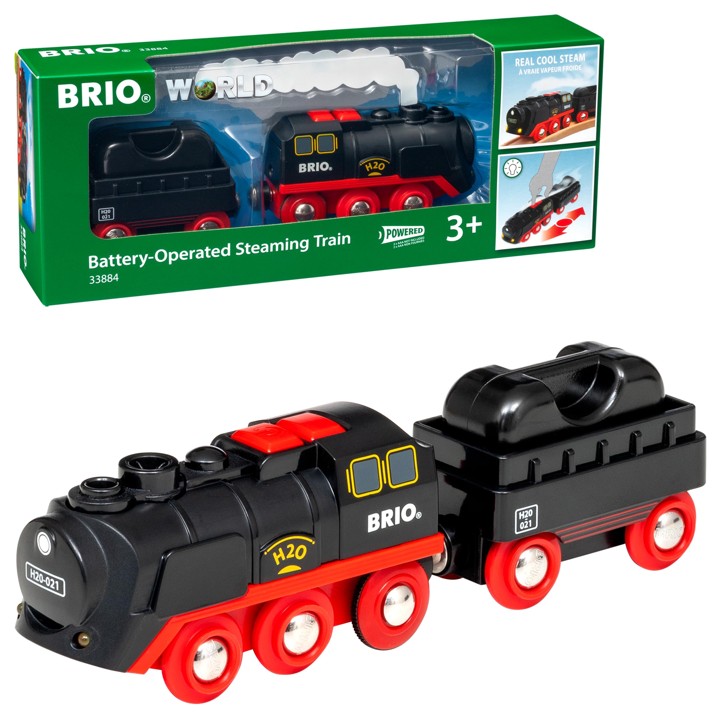 BRIO Tren de Vapor a Pilas & Amazon Basics - Pilas alcalinas AAA de 1,5 voltios, Gama Performance, Paquete de 8 (el Aspecto Puede Variar)