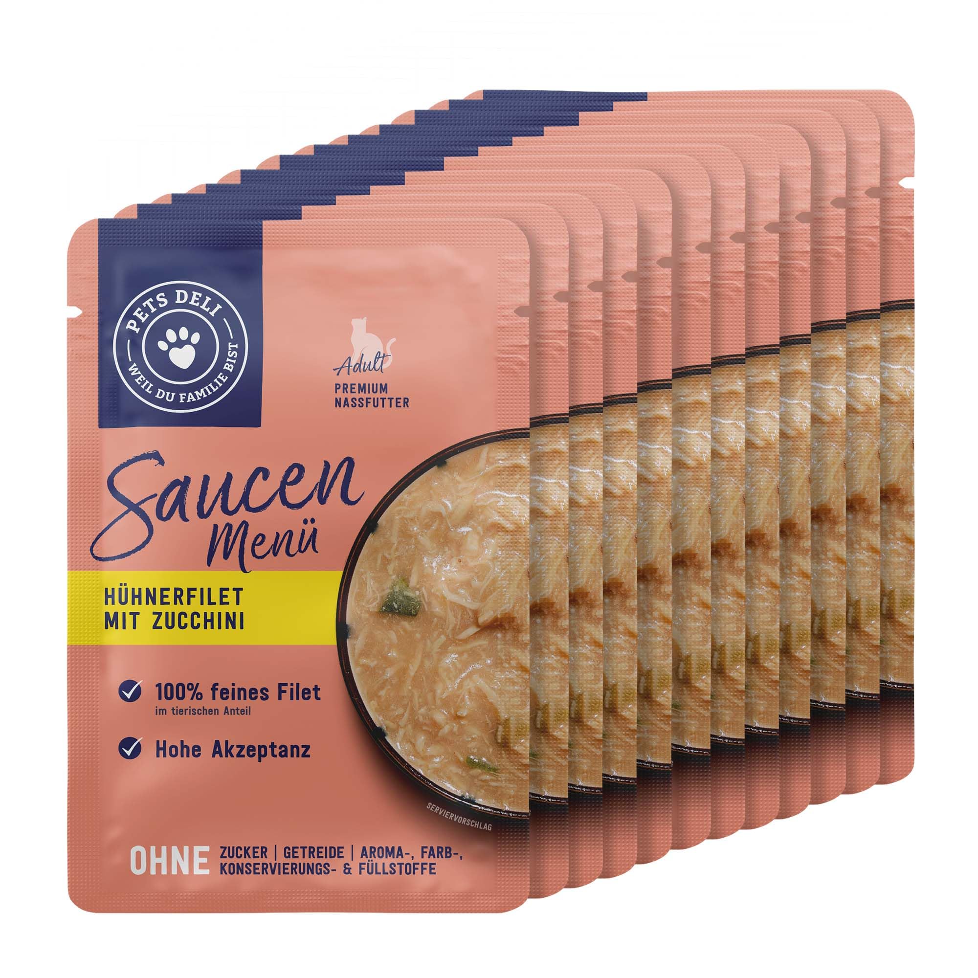Pets Deli Saucen Menü Katzen Nassfutter Huhn & Zucchini, ideal für wählerische Katzen, für extra Flüssigkeitszufuhr, getreidefrei, ohne Zucker, 12x70g, Premium Qualität