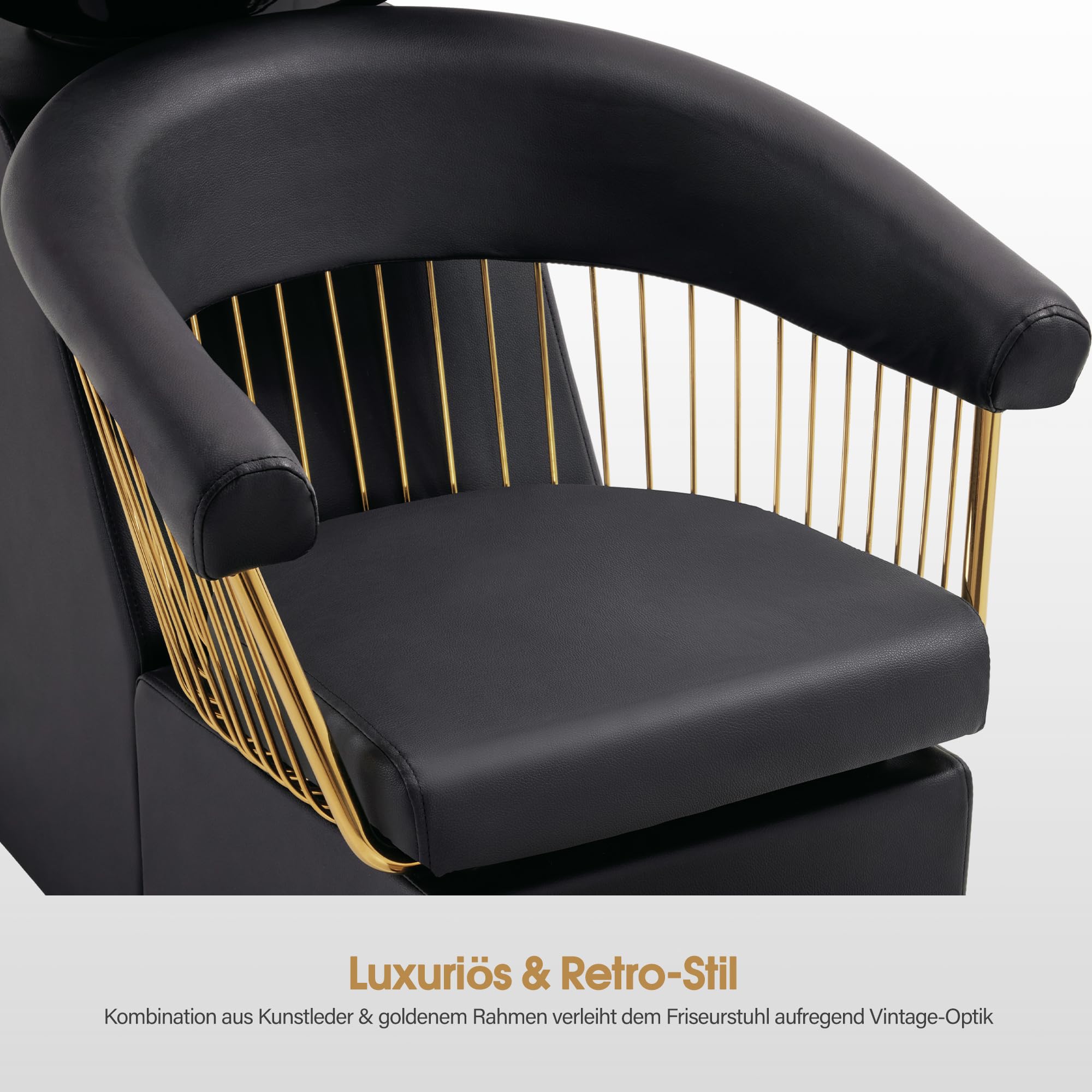 Barberpub Friseurstuhl mit Waschbecken, Friseurwaschbecken aus Keramik Verstellbar, Rückwärtswaschsessel mit Fußhocker, Friseurwaschsessel für SPA Salon, Waschplatz Retro 8037 (Gold-Schwarz/PVC)