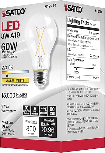 Miniatura 6 de Satco Lámparas de filamento LED regulables, S12414, lúmenes altos, 8 vatios, A19; transparente; base media; 2700 K; 90 CRI; 120 voltios para uso en