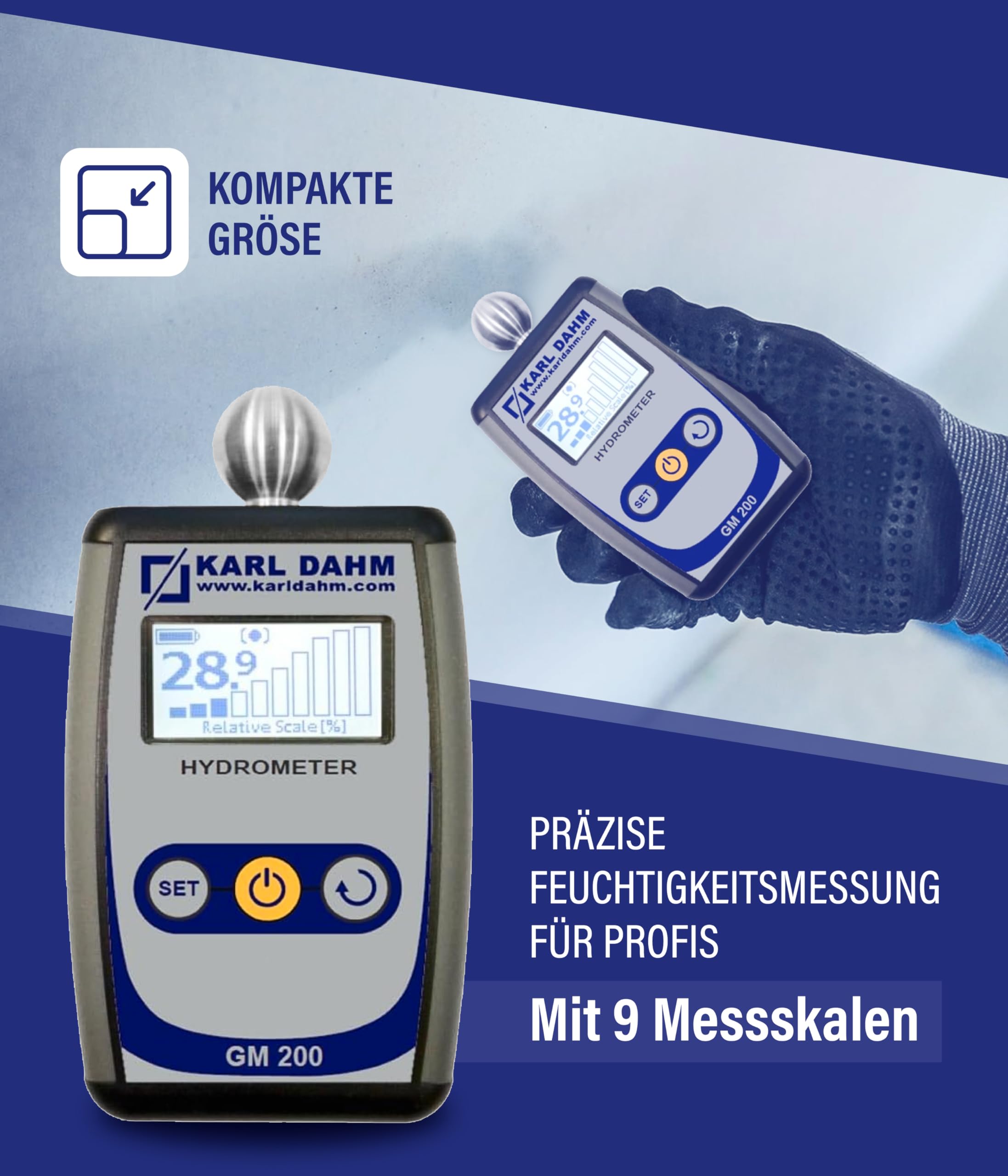 Karl Dahm Feuchtigkeitsmessgerät GM-200 mit Kugel I Perfekt geeignet um Zementestrich, Beton, Gipsputz, Holz zu messen Art.-Nr. 40435
