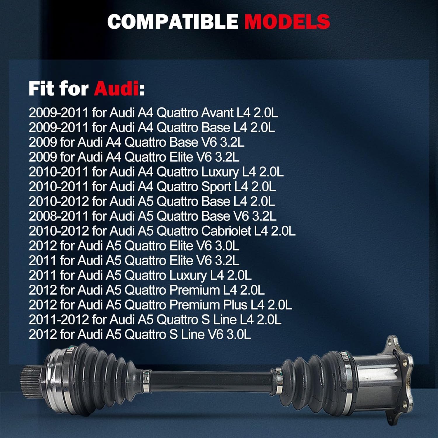 cciyu NCV23906 CV Axle Shaft Assembly Fit For Audi A4 Quattro 2.0L,For Audi A4 Quattro 3.2L,For Audi A5 Quattro 2.0L,For Audi A5 Quattro 3.0L,For Audi A5 Quattro 3.2L 2008-2012 Front Left Right