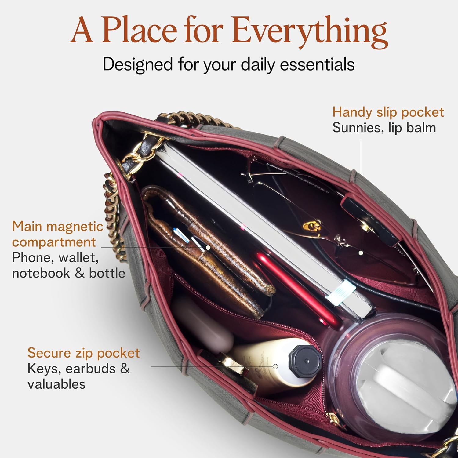 Vegan Leather Purses for Women, Faux Leather Handbags for Women, Bucket Purse, Top Handle Bag | Water Resistant, Chain Straps, Crossbody Purse, Structured Handbag, Everyday Bucket Bag - Image 6