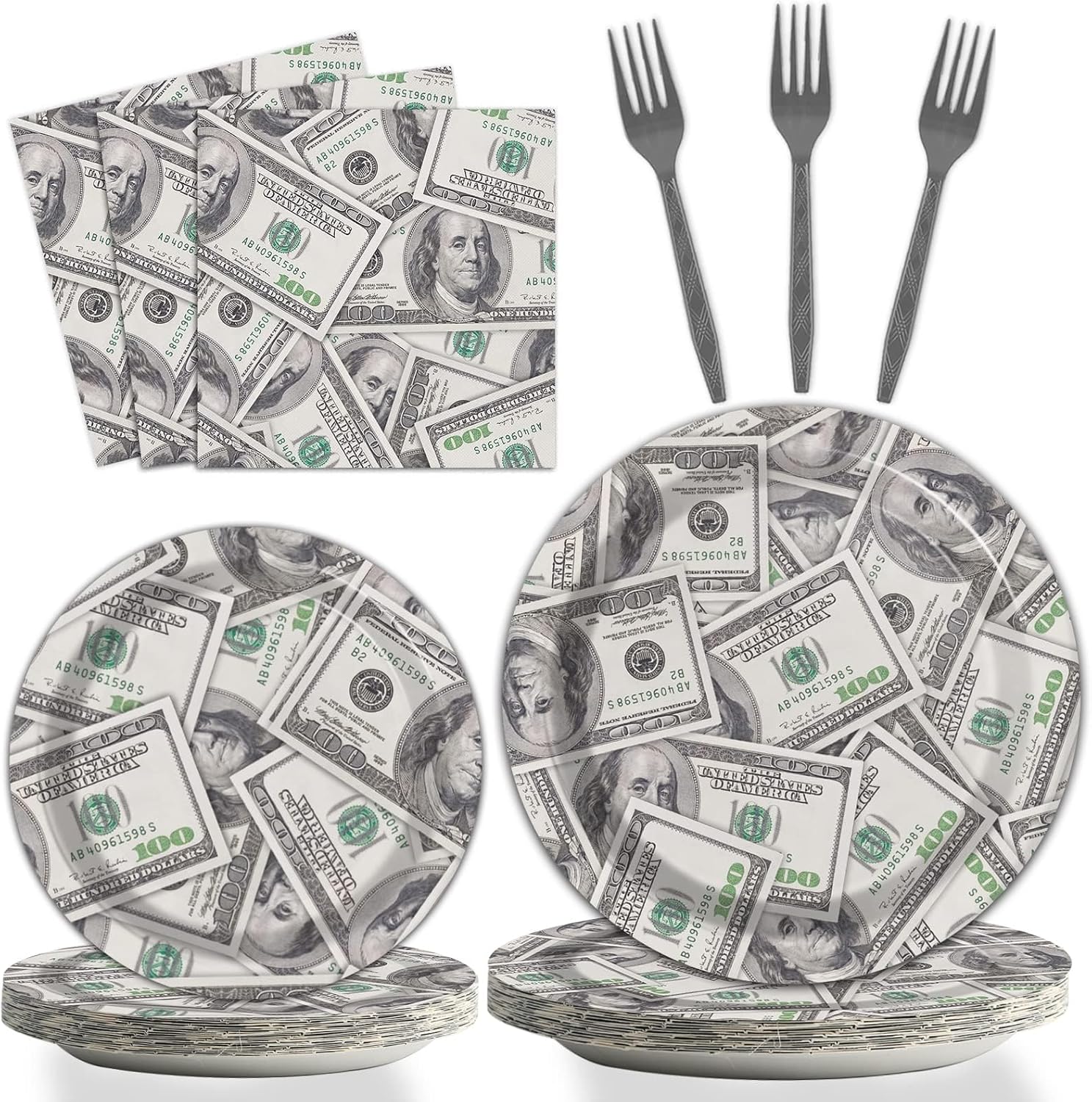 96 Pieces Money Hundred Dollar Bills Supplies One Hundred Dollar Birthday Party Tableware Set Bill Dinnerware Decorations for Adult Teens Kids Dollars Bill Disposable Paper Goods 24 Guests