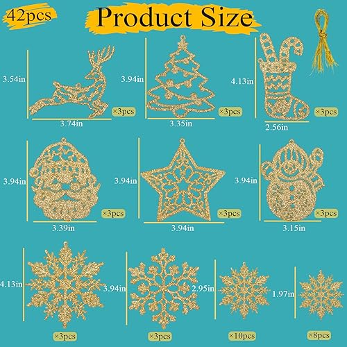 Miniatura 4 de Juego de 42 decoraciones para árbol de Navidad, adornos colgantes con purpurina dorada, copo de nieve, árbol de Navidad, muñeco de nieve, reno, Papá