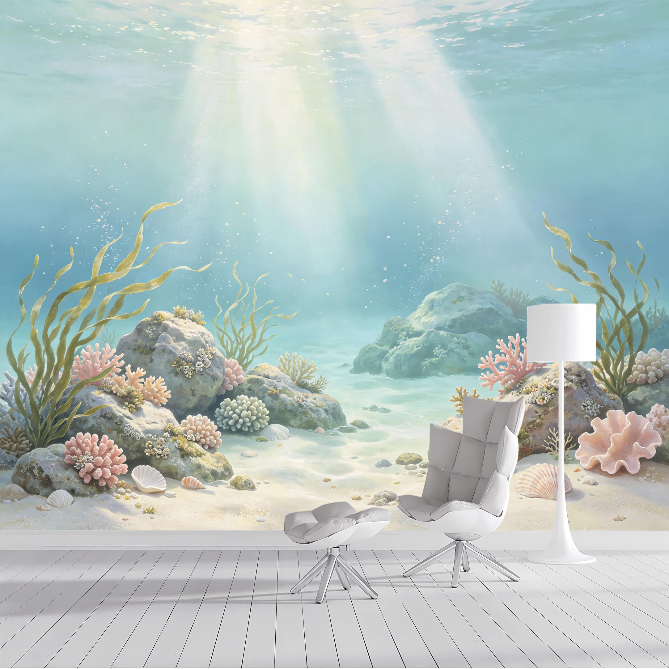 Custom Size Wall Mural Underwater Ocean Marine Landscape Coral Seaweed Seashell Watercolor SelfAdhesive Wall Fabric Removable Peel and Stick Wallpaper for Living Room Bedroom Bathroom