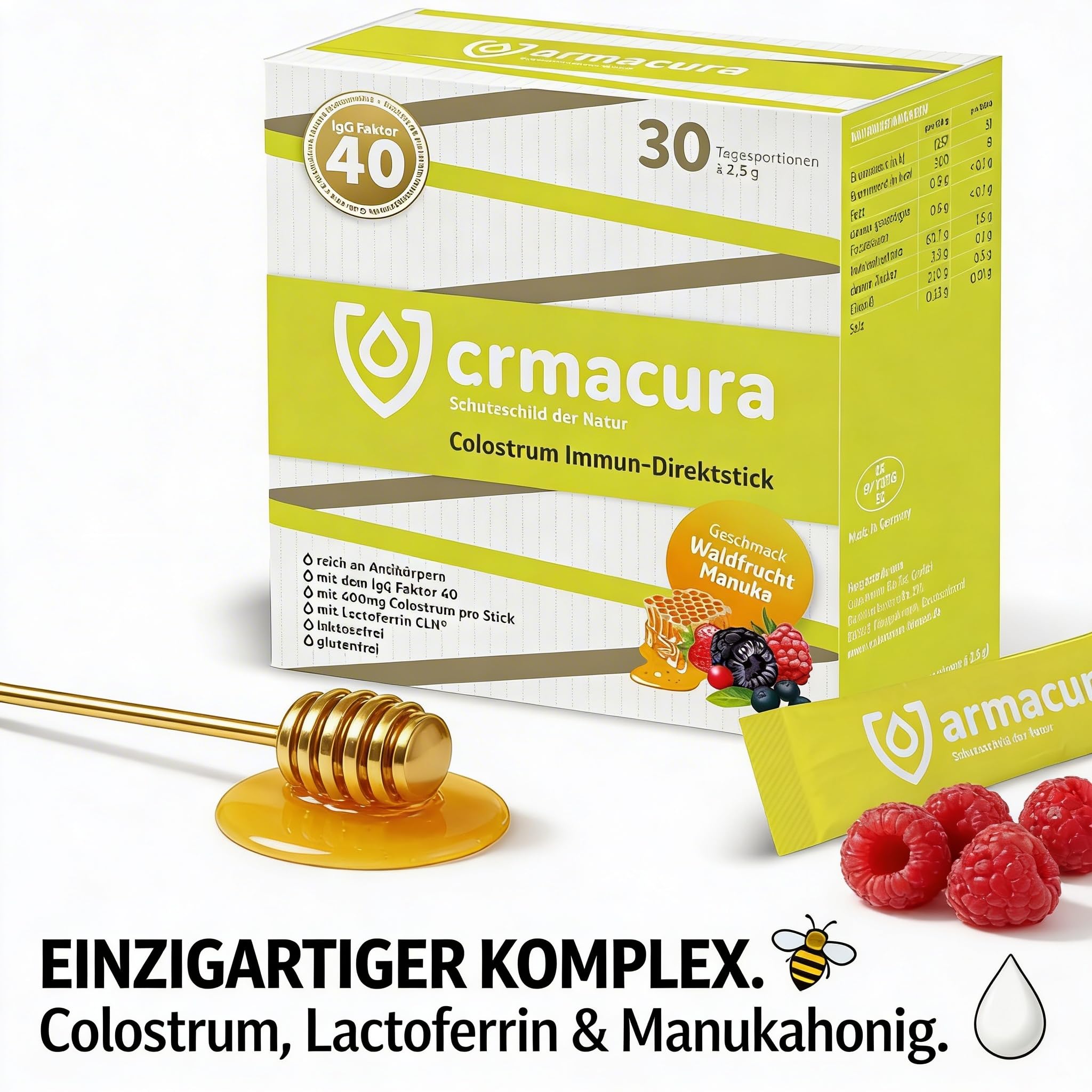 Immun Direktsticks – Mit Vitamin C, Vitamin D & Zink zur Unterstützung der normalen Funktion des Immunsystems¹ – 30 Colostrum-Pulver-Sticks mit Lactoferrin & Manukahonig – Ideal für unterwegs