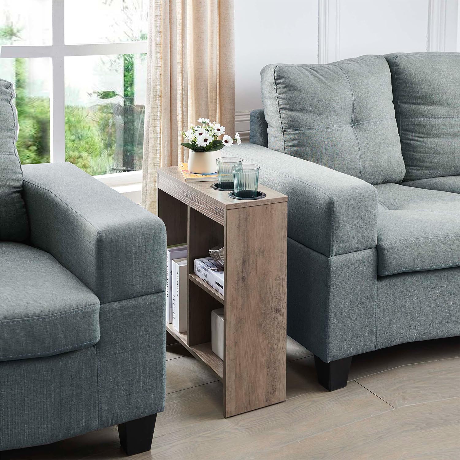 Kings Brand Furniture Narrow Chairside End Table with Pull-Out Tray & Storage Shelves, Slim Wood Nightstand for Bedroom & Living Room – White