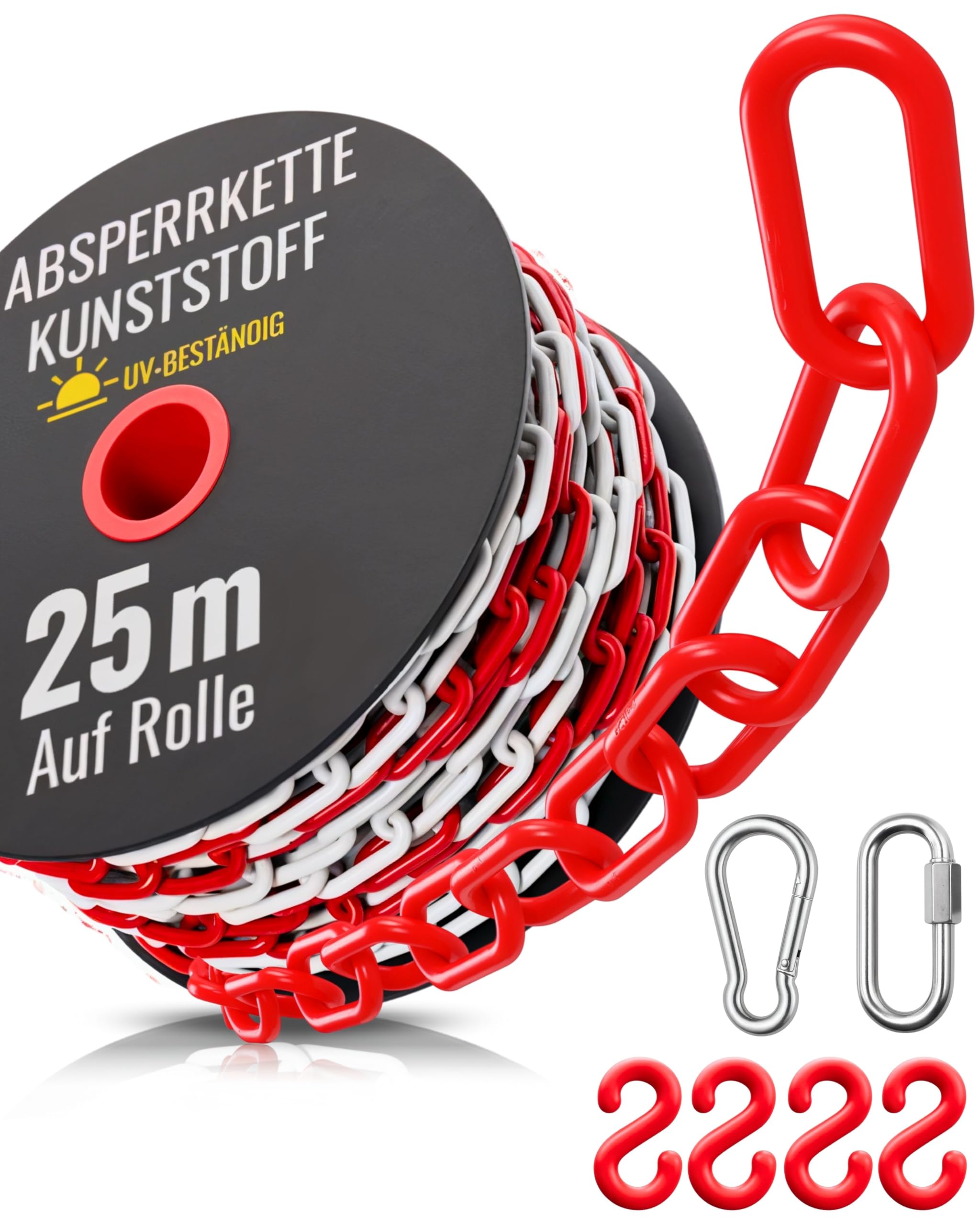 Chaîne de délimitation en plastique rouge et blanc - Résistant aux UV et aux intempéries - Avec 4 crochets en S, 1 mousqueton et mousqueton à vis - Chaîne de barrière en plastique de 25 m pour