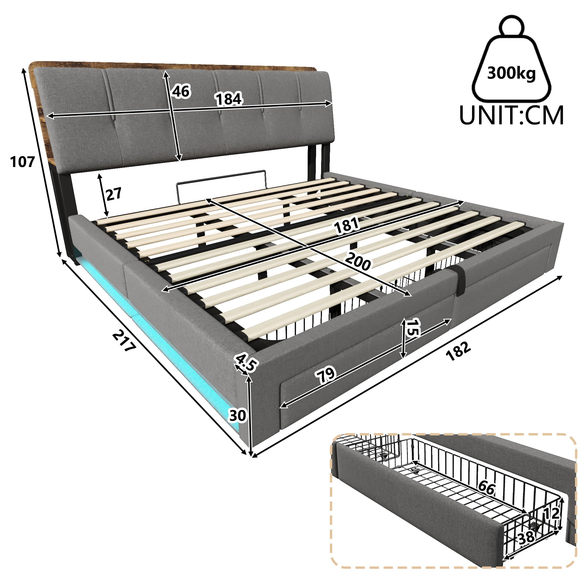 Polsterbett 180x200 cm mit LED-Beleuchtung und USB Typ-C Ladefunktion, Stauraumbett mit Hydrauliksystem, Doppelbett mit 2 Schubladen, Leinen, Grau(Ohne Matratze)