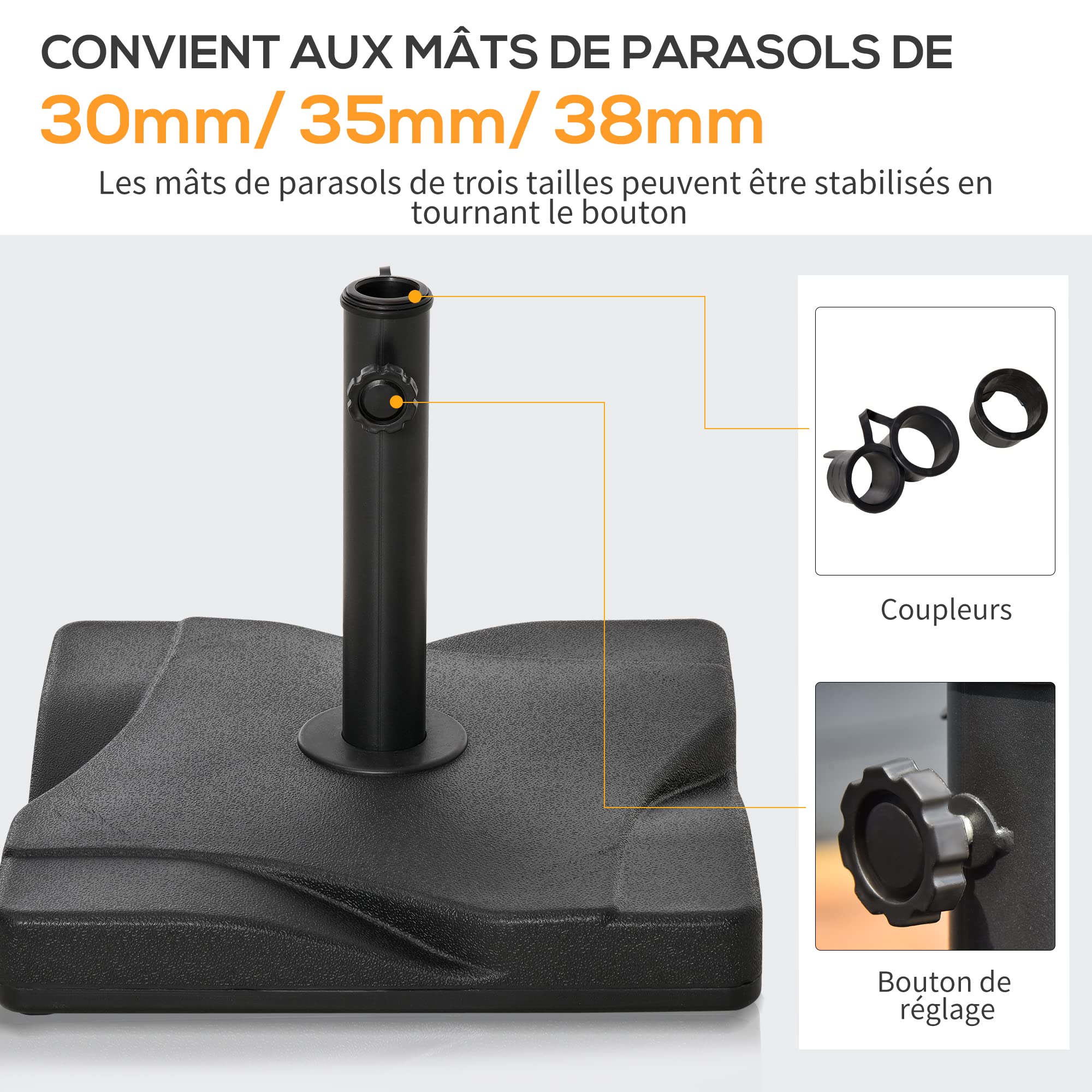 Outsunny Pied de parasol base de lestage parasol carré dim. 41,5L x 41,5I x 33H cm poids net 20 Kg ciment HDPE noir