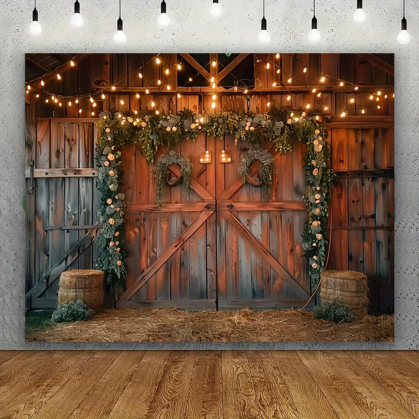 Sfondo per photo booth con porta di fienile in stile country, eventi in stile fattoria e del Ringraziamento, feste a tema western 350x230cm