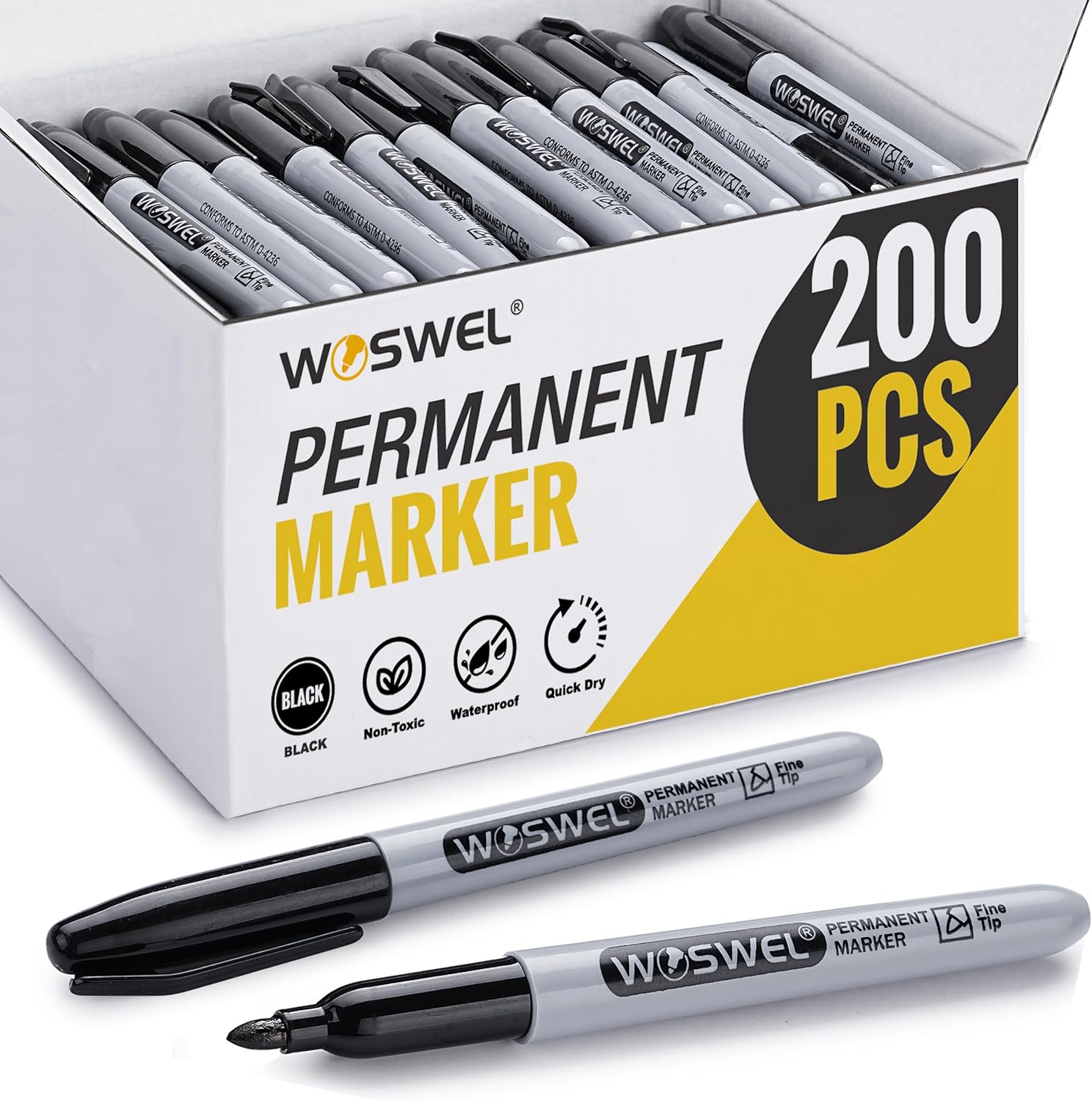 WOSWEL Permanent Markers Bulk, 200 Pack, Black Permanent Marker Pens, Fine Tip, Waterproof, Quick Drying, Smooth Writing, Used on Glass Metal Stone Paper Most Surfaces, Office School Supplies