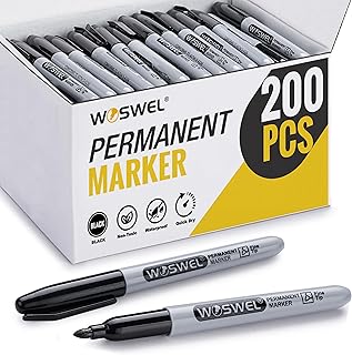 WOSWEL Black Permanent Markers 200 Pack Bulk Fine Tip Pens | Large Pack, Waterproof, Quick Drying, Smooth Writing, Used on Glass Metal Stone Paper Most Surfaces, Office School Supplies