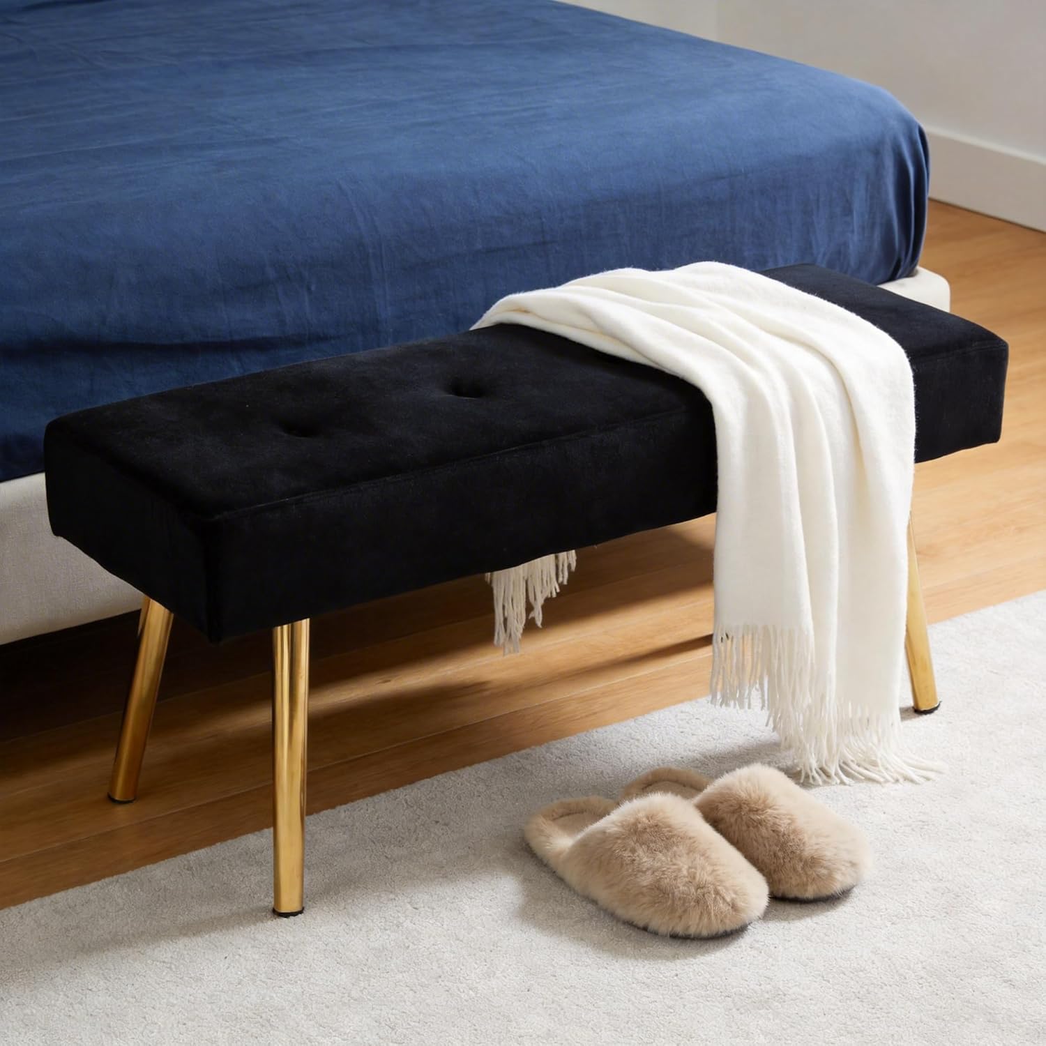 Velvet Entryway Bench with Gold Legs,Make up Ottoman for Bedroom,End of Bed Footrest with No Arms,Extra Seating for Living Room,Black