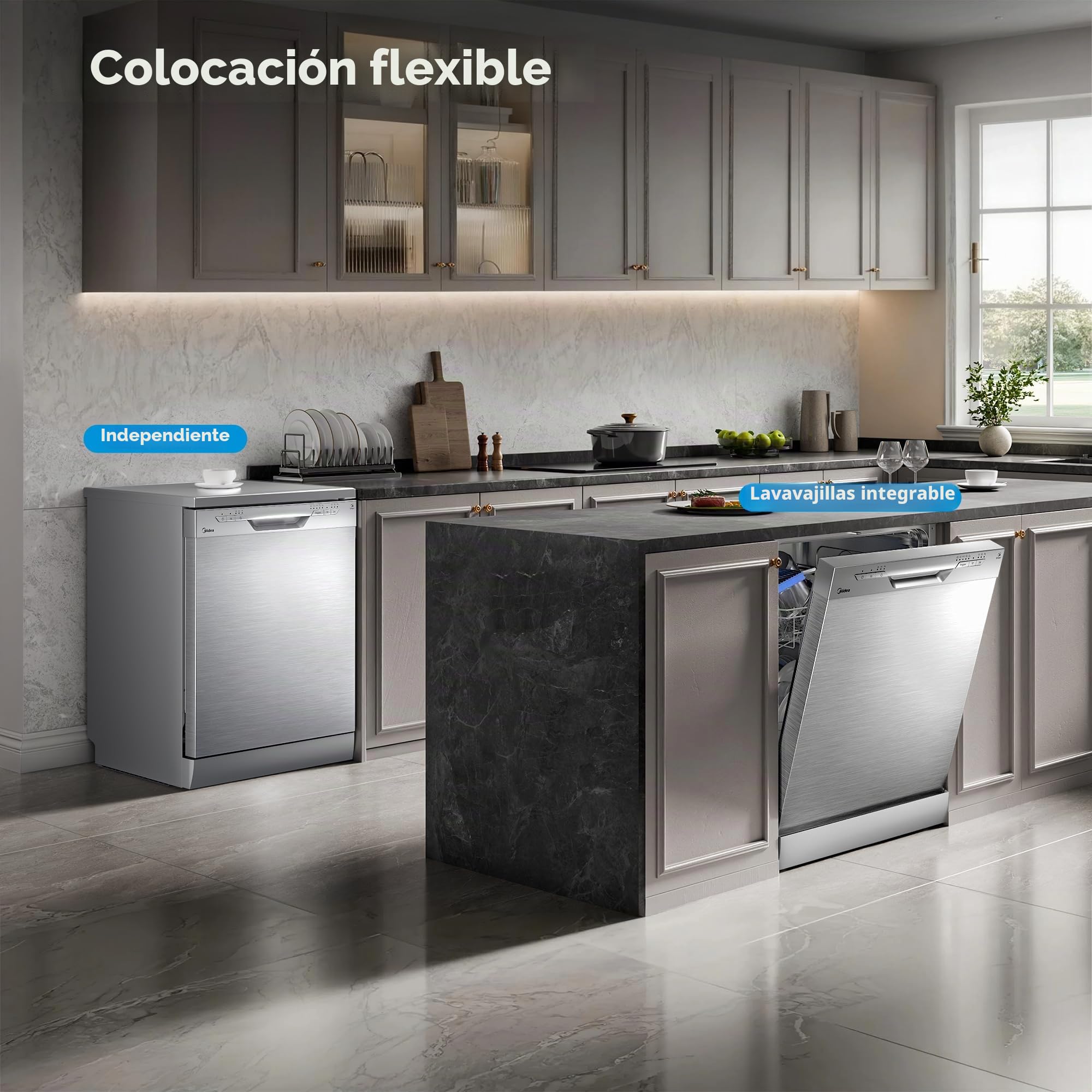 Midea SF 3.60N PRO Lavavajillas, 14 servicios, wifi, lavavajillas de instalación libre, empotrable, 5 modos de limpieza, 47 dB, inicio diferido 3/6/9 h, acero inoxidable, plata