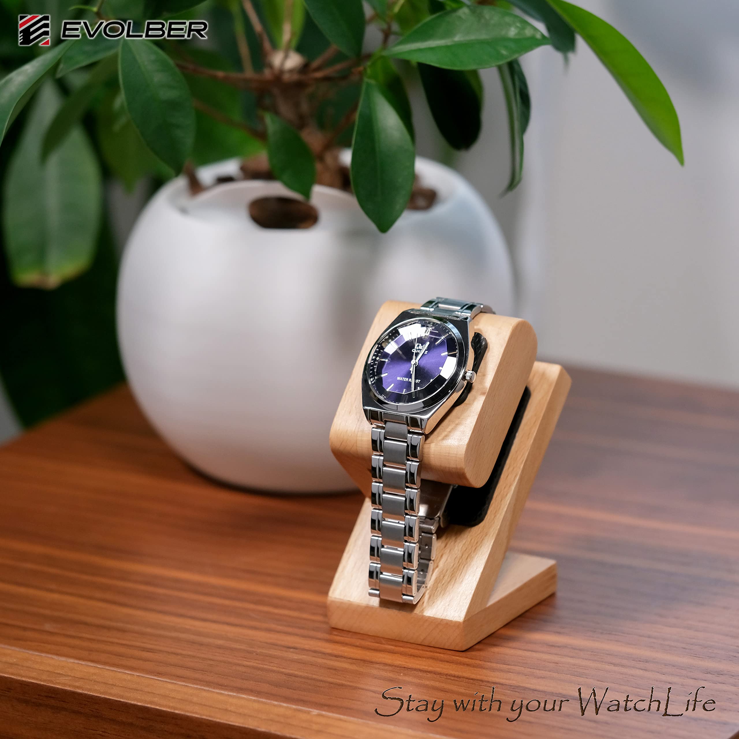 EVOLBER watch stand for 1, natural rare walnut&Japanese zelkova, wooden single watch display stand showcase (Japanese Zelkova)