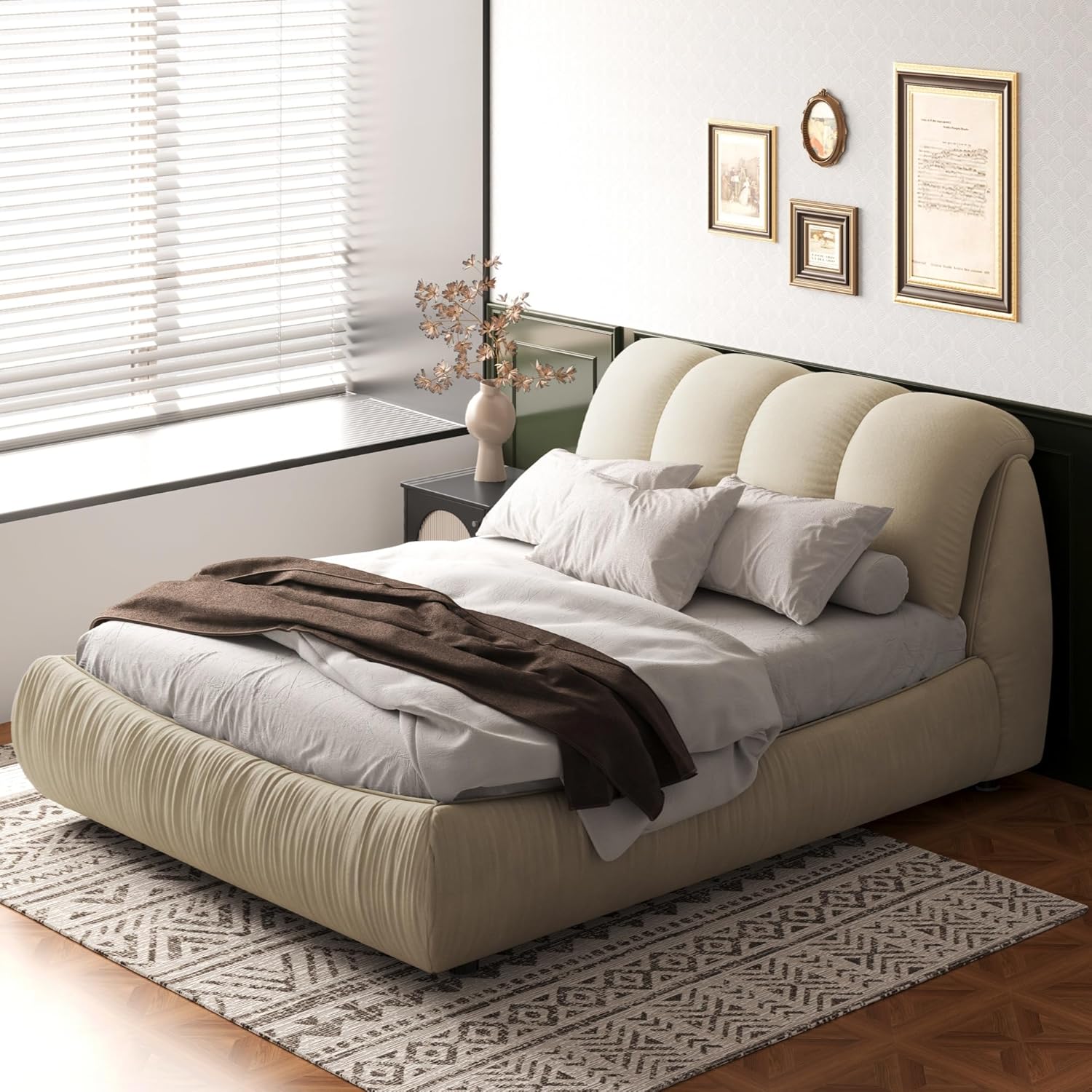 DEINPPA Contemporary Upholstered Bed with Oversized Padded Backrest, Queen Size Platform Bed|Thickening Pine Wood Slats|No Box Spring Needed|1000Lbs Weight Capacity-for Adult Bedroom-Beige