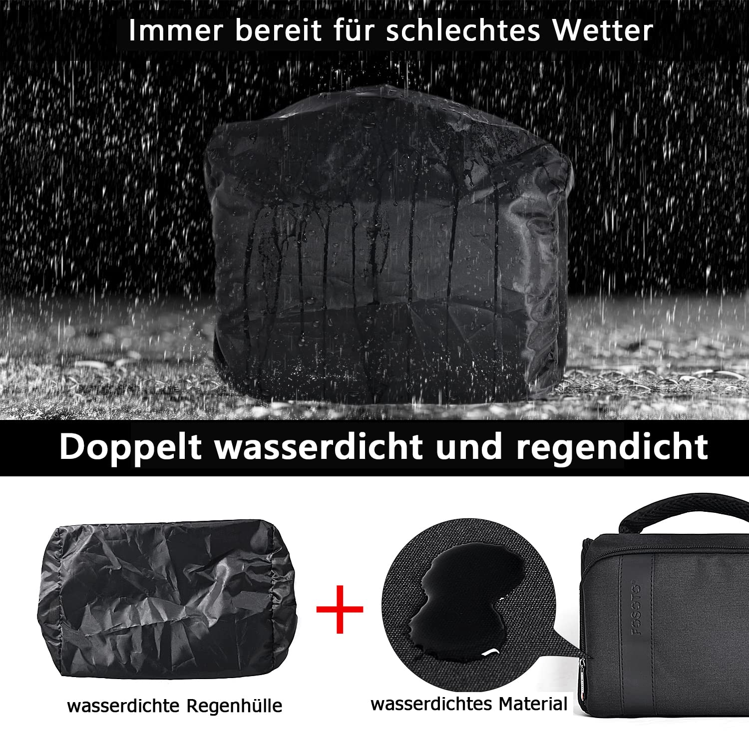 FOSOTO Kameratasche Fototasche für Spiegelreflexkameras mit Regenhülle (Schwarz), Kompatibel mit Canon EOS 4000D 2000D 77D 60D 80D 6D MarkII M50 M6, Nikon D3500 D3200 D5600 D7500 und Sony Olympus