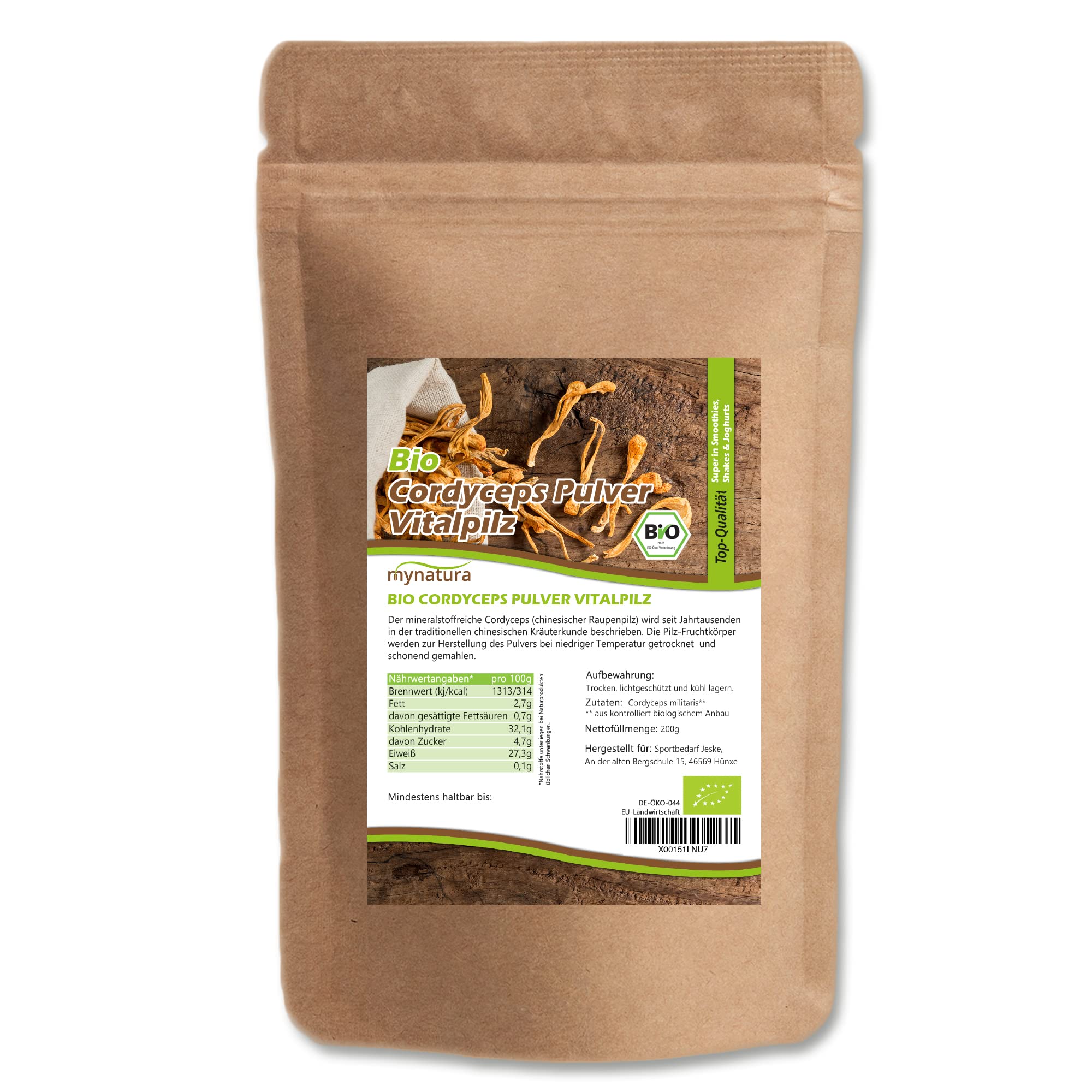 mynatura Bio Cordyceps Pulver 200g | Raupenpilz gemahlen | Vitalpilz aus kontrolliertem Anbau | Hochwertig & proteinreich | 100% Vegan & Glutenfrei | DE-ÖKO-044 (1 x 200g)