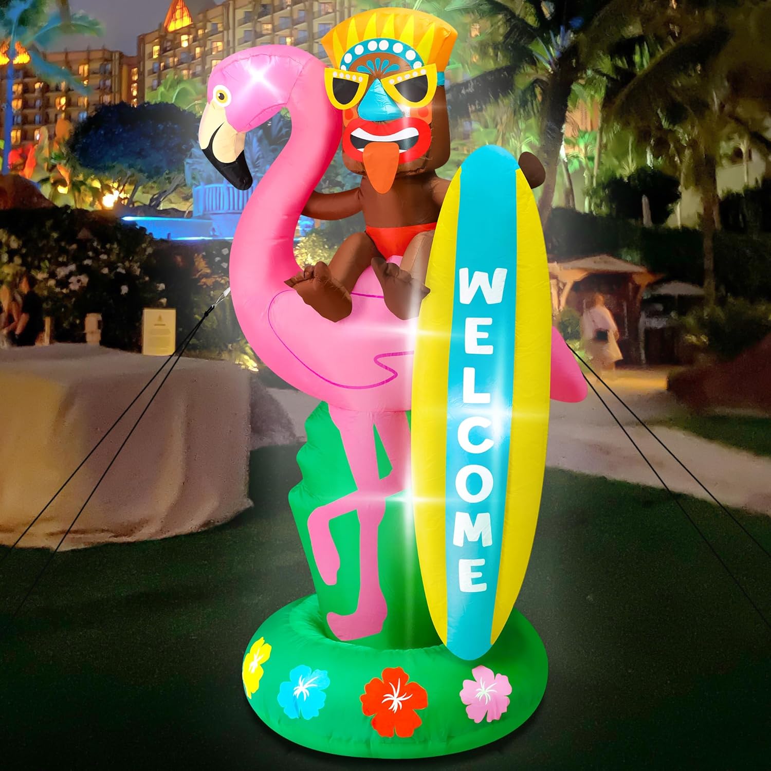 6FT Hawaiian Inflatables, Outdoor Inflatable Tiki Flamingo Decor, Blow Up Luau Hawaiian Beach Decorations, LED Lighted Tiki Outdoor Decoration for Summer Beach Party Tropical Pool Yard