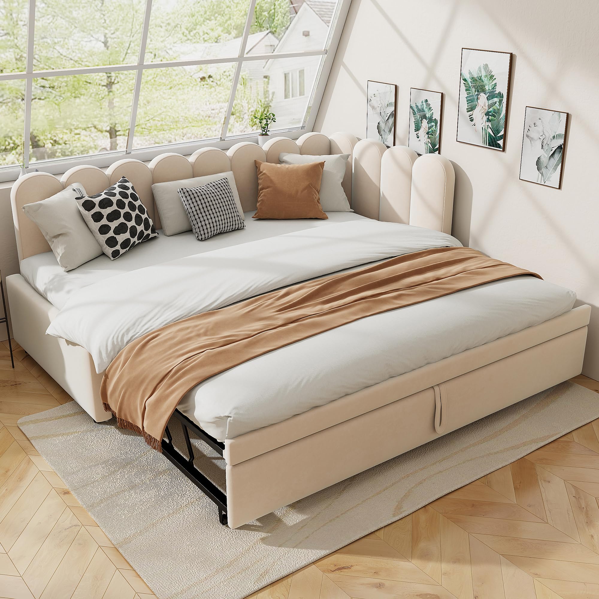 Sofá cama multifunción 2 en 1 en forma de L (90/180 x 200 cm), cama tapizada de terciopelo, diseño que ahorra espacio, se puede utilizar como cuna o cama de invitados, beige (sin colchón)