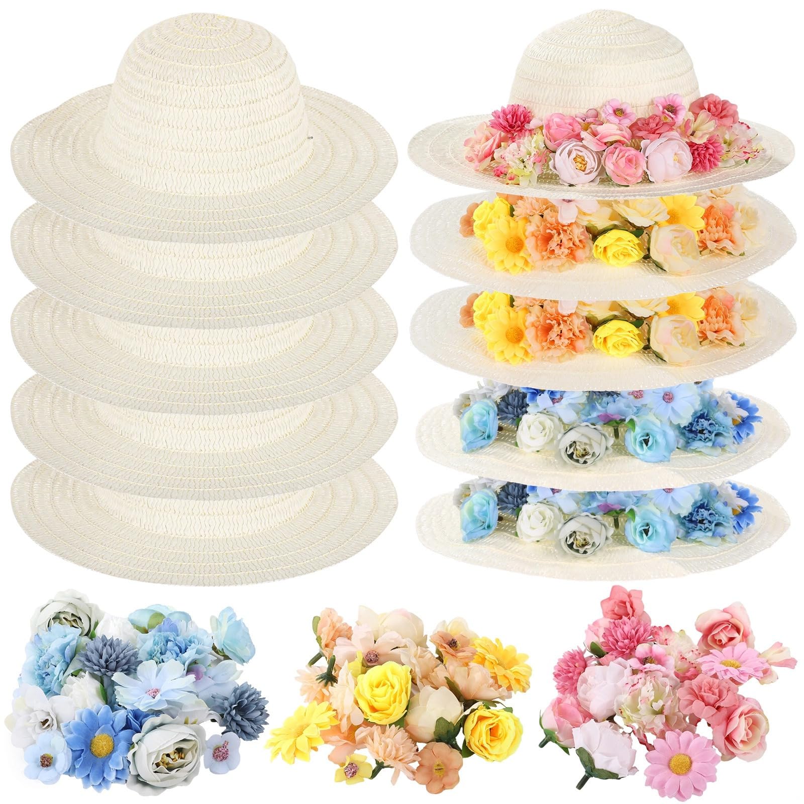 Kit de 70 sombreros de paja para bricolaje, sombreros de sol en blanco pintables con 60 flores sintéticas, sombreros de fiesta de té, kit de manualidades para viajes a la playa, camping
