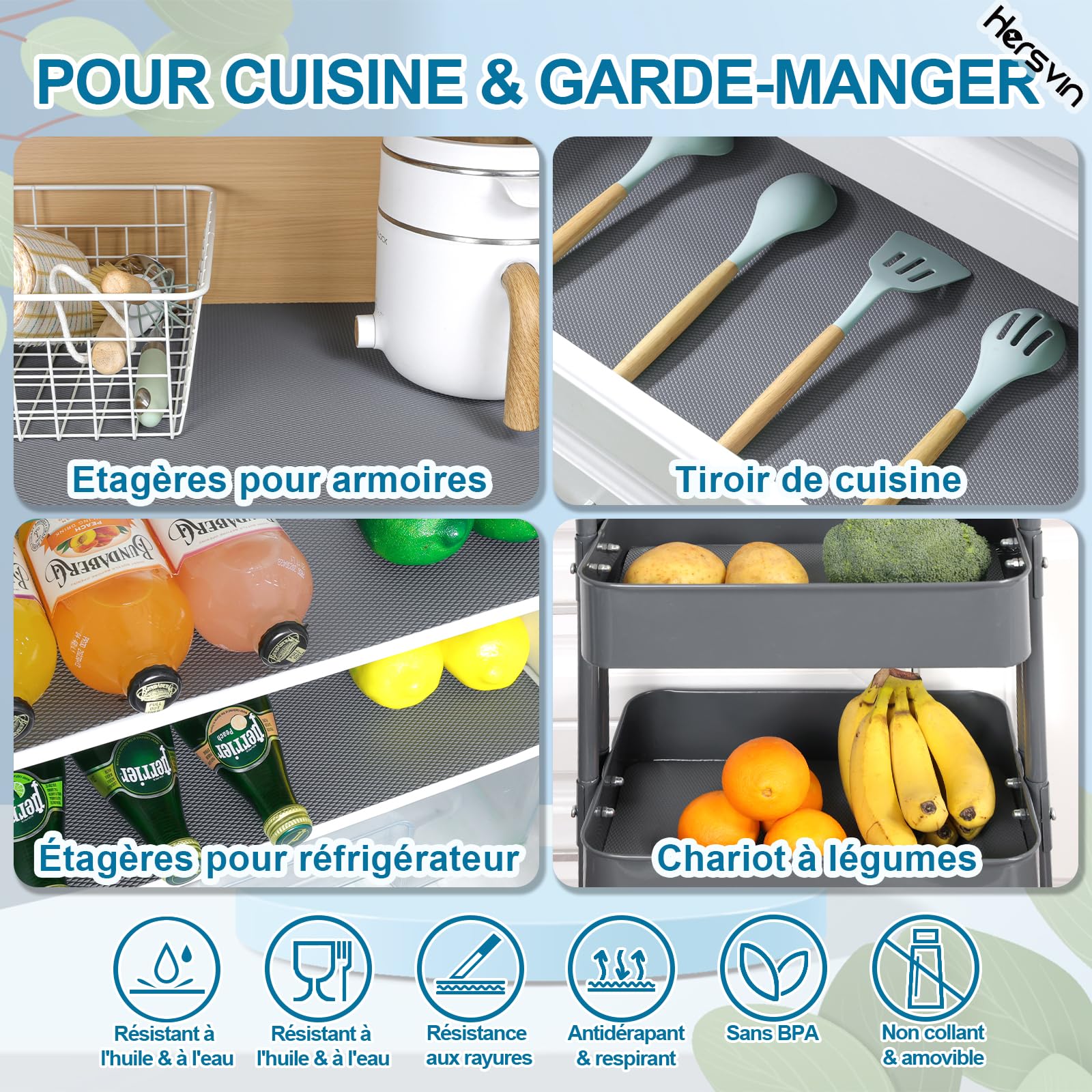 Hersvin 50cmx600cm Tapis Fond de Tiroir Epaissie Antiderapant Non-adhésif, DIY Tapis de Placard Etagere Cuisine, EVA Plastique Protection pour Meuble (Gris Gros Diamant)