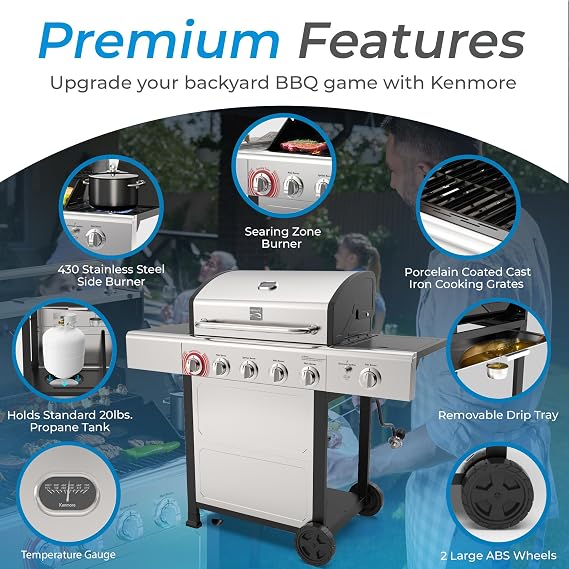 Kenmore 4-Burner Gas Grill with Side Burner, Outdoor BBQ Grill, Propane Gas Grill, Cast Iron Cooking Grates, Electronic Ignition, Warming Rack, Open Cart Design, 53000 BTUs, Stainless Steel