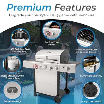 Kenmore 4-Burner Gas Grill with Side Burner, Outdoor BBQ Grill, Propane Gas Grill, Cast Iron Cooking Grates, Electronic Ignition, Warming Rack, Open Cart Design, 53000 BTUs, Stainless Steel