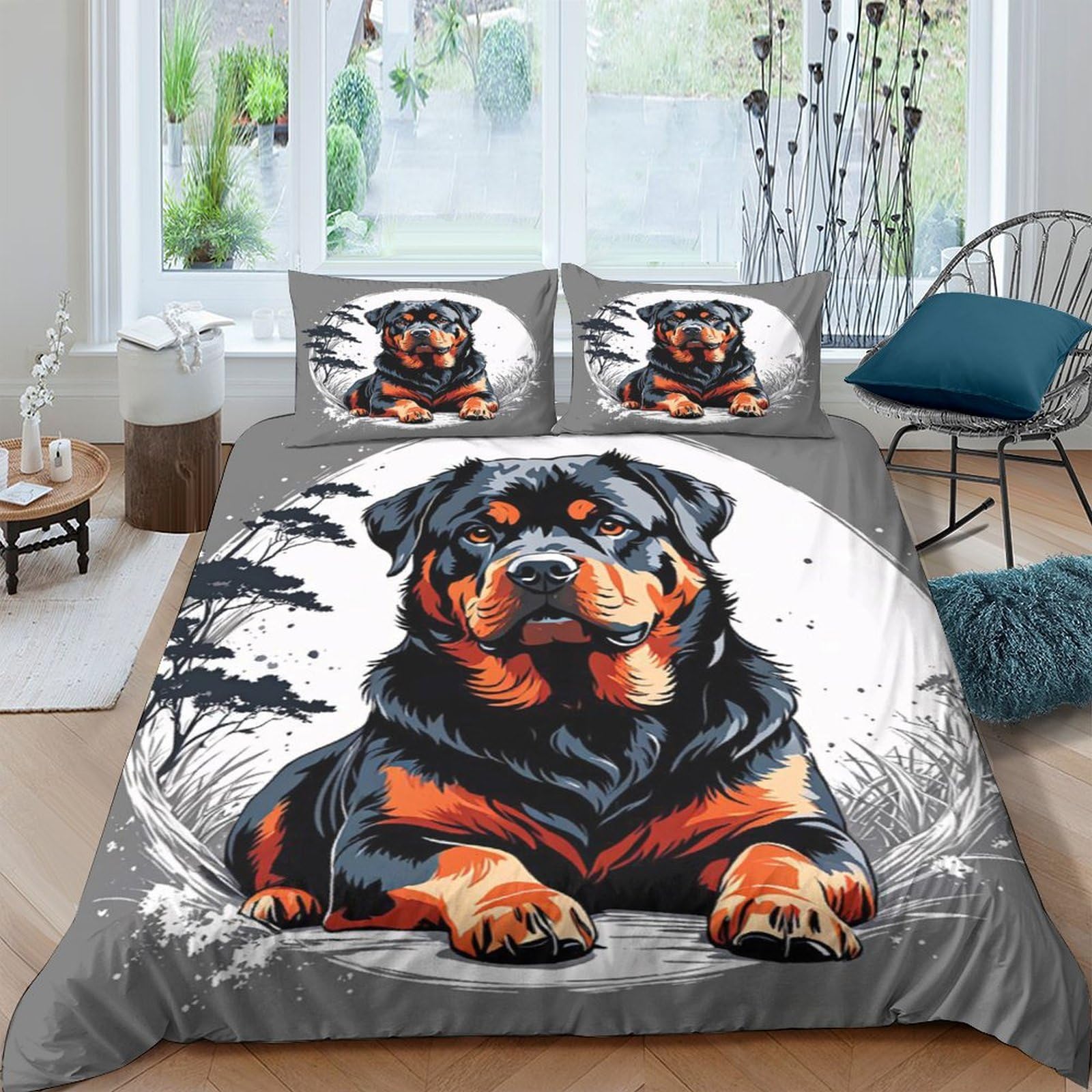 Ctjqhvkz Style-5 3D Printed Rottweiler Dog Fitted Sheet Microfiber Grey Black Mattress Cover Bedroom Decor Dorm Protector Single（135X200cm）