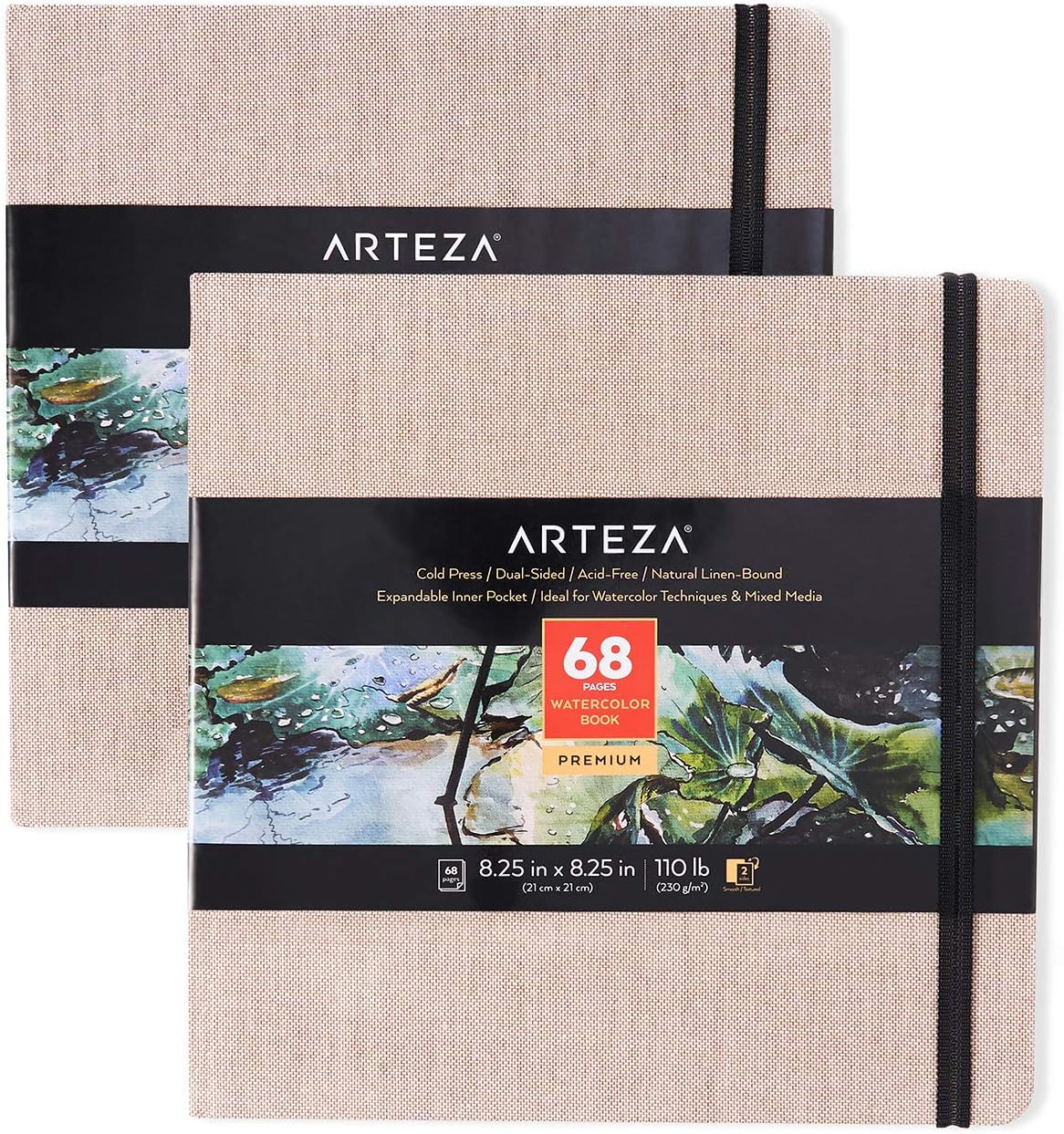 Arteza Watercolour Sketchbook 21 x 21 cm, Pack of 2, 68 Pages per Journal, 230gsm, Beige Hardcover, with Inner Pocket and Elastic Strap, for Watercolour Techniques and Mixed Media