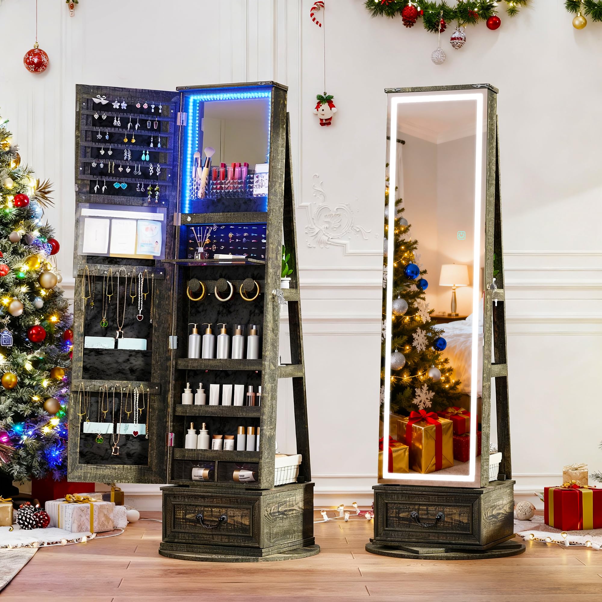 LVSOMT LED Mirror Jewelry Cabinet Standing, 360ยฐSwivel Jewelry Armoire with Full Length Mirror, Mirror with Jewelry Storage and Large Wooden Drawer for Christmas Gifts (): Rustic Grey