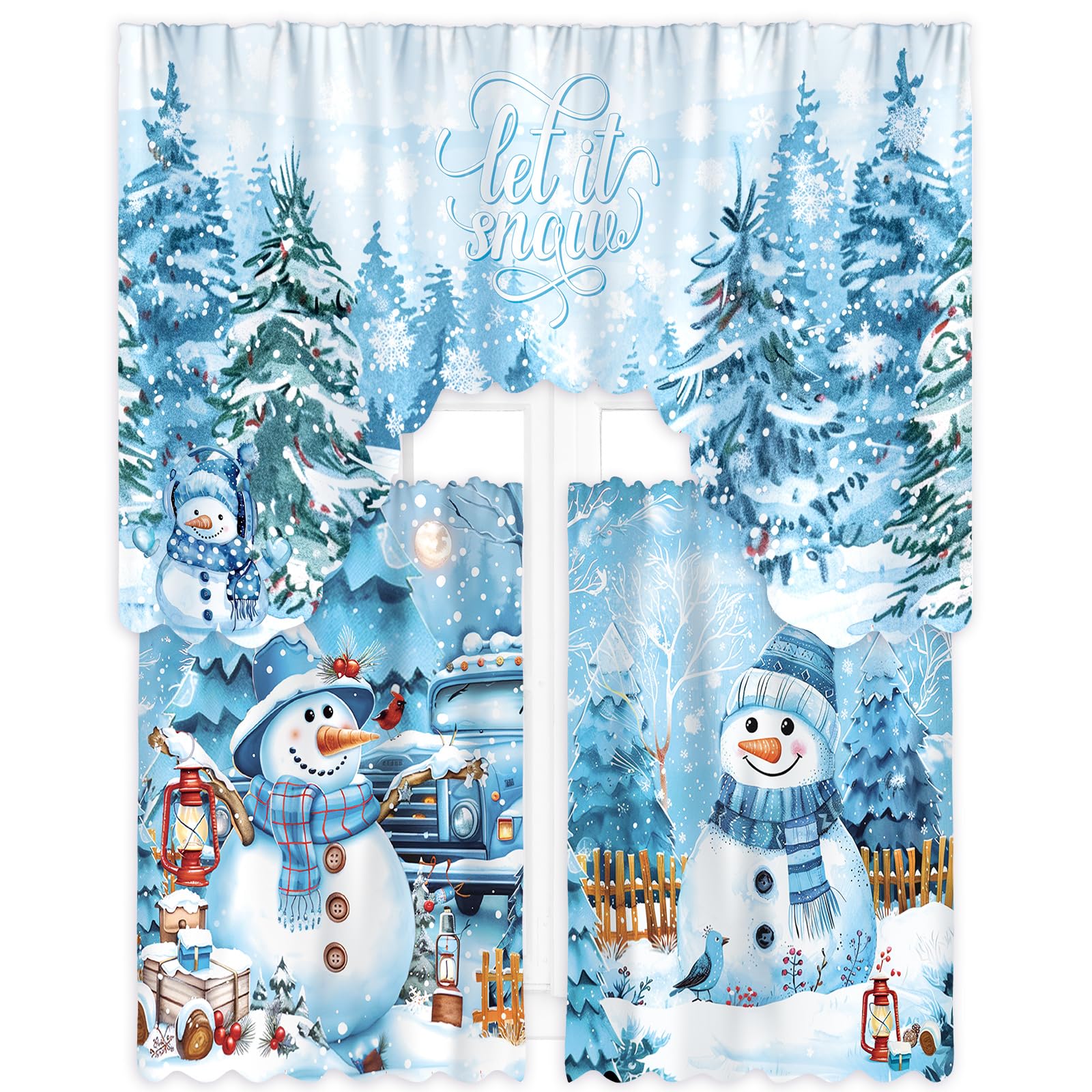 FuWeave Christmas Kitchen Curtains 3 Piece Set Blue Snowman Window Curtains and Valance Set Xmas Curtain Swag for Kitchen Bedroom Living Room Decor,