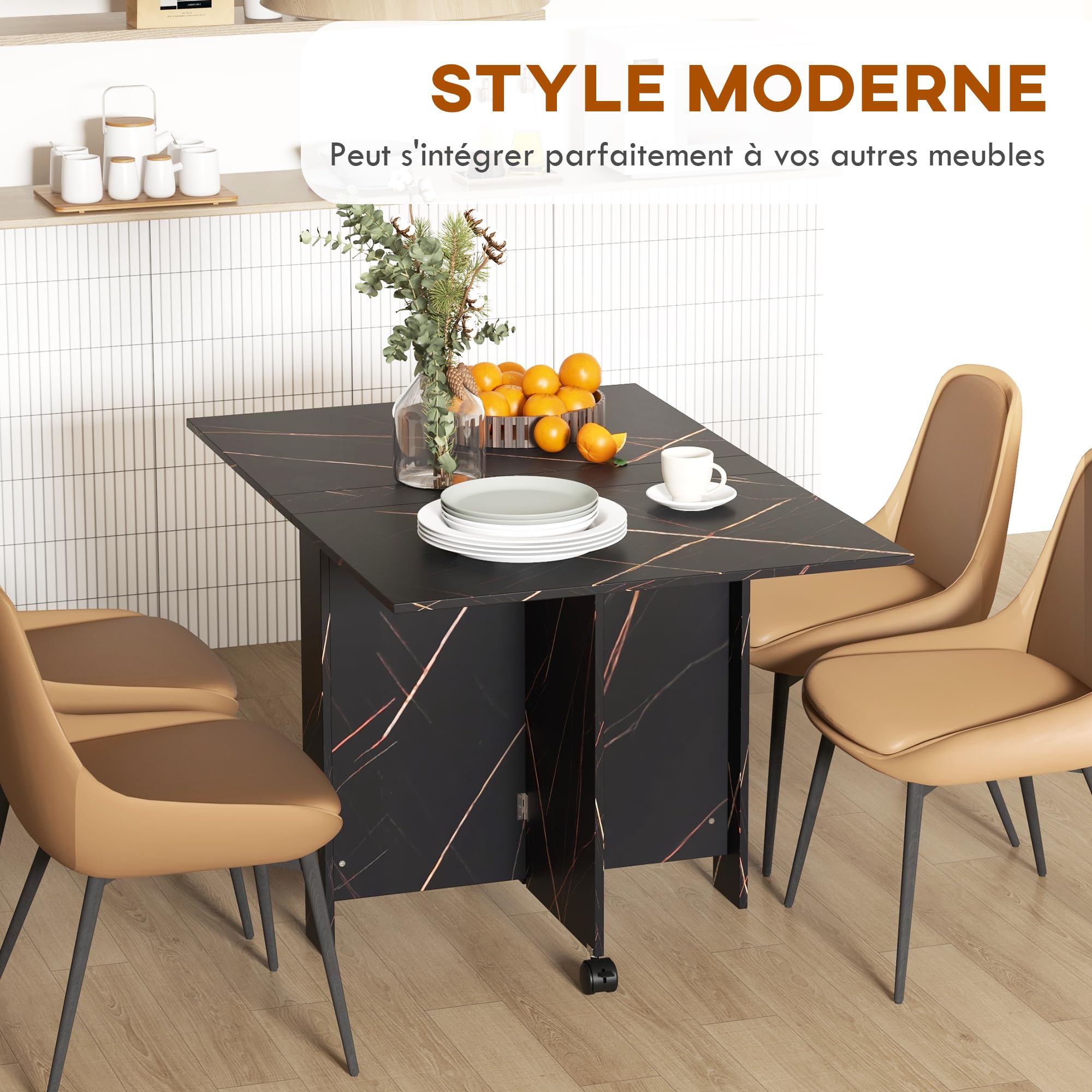 HOMCOM Table Pliante Cuisine pour 6 Personnes 120 x 80 x 73 cm Noir Marbré