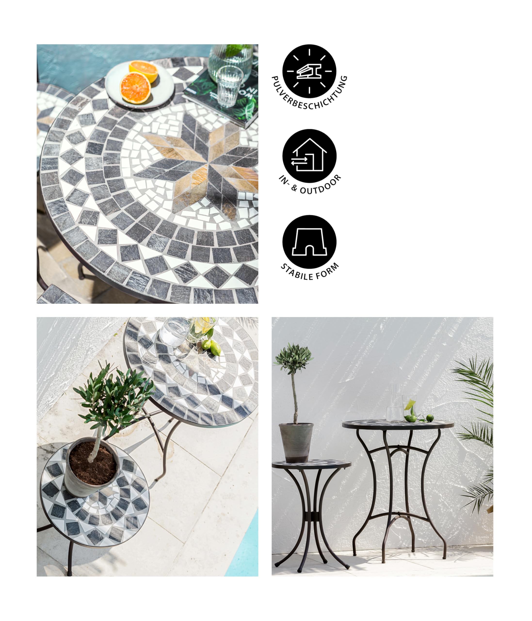 Dehner Tavolo da Giardino Diana, Ø 60 cm, Altezza 72 cm, Metallo, Effetto Mosaico, Marrone/Grigio/Bianco