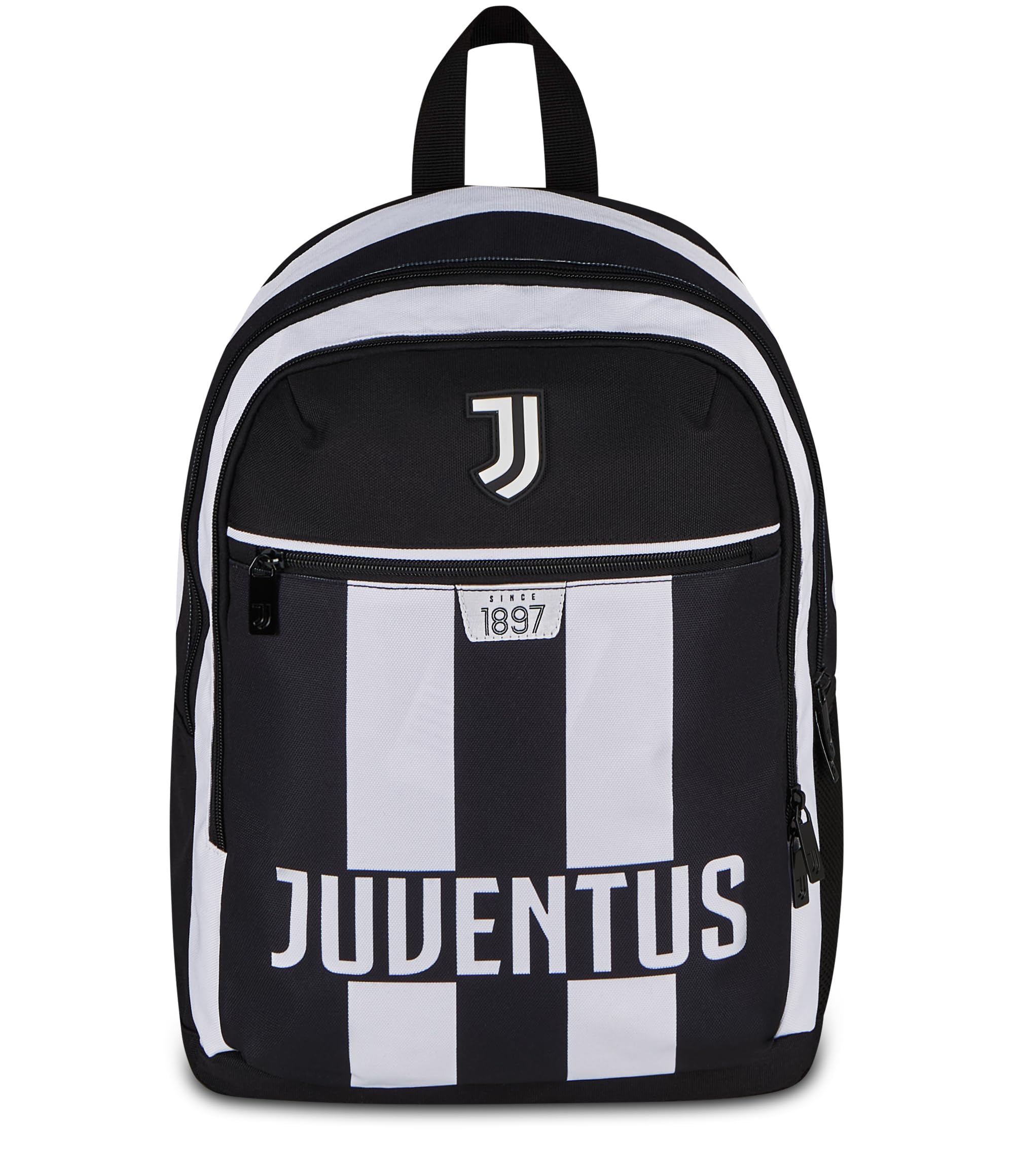 Seven Plecak szkolny z podwójną kieszenią Juventus, czarny, 26 l, kieszeń przednia, kieszeń boczna na butelkę z napojami, do szkoły podstawowej i średniej, dla dzieci i młodzieży, piłka nożna