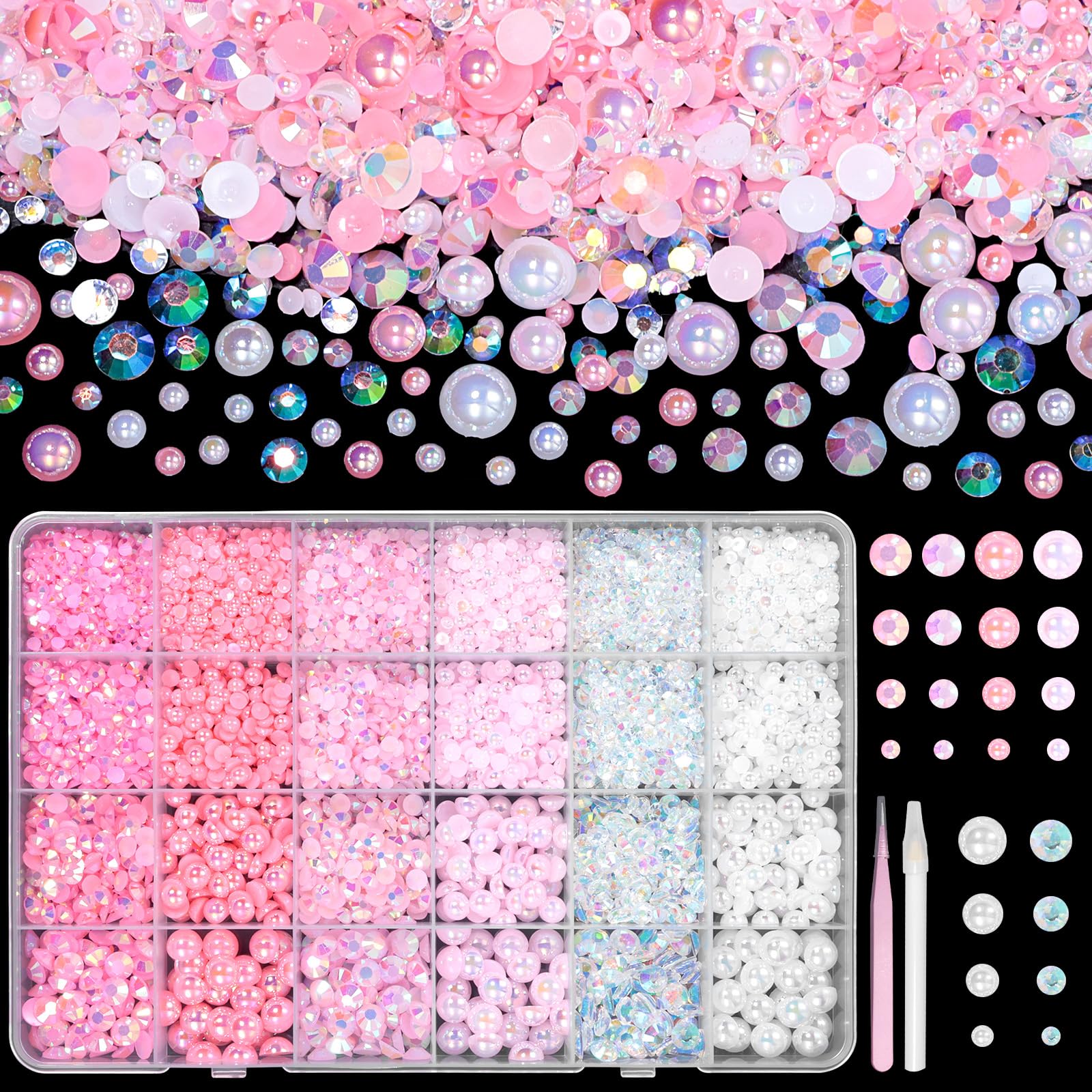 9000 Pcs Flatback Nail Pearl and Jelly Resin Rhinestones for Crafting, Mixed Size 3-8mm Resin Rhinestones and Pearls Nail Jewels, Pink White Flatback