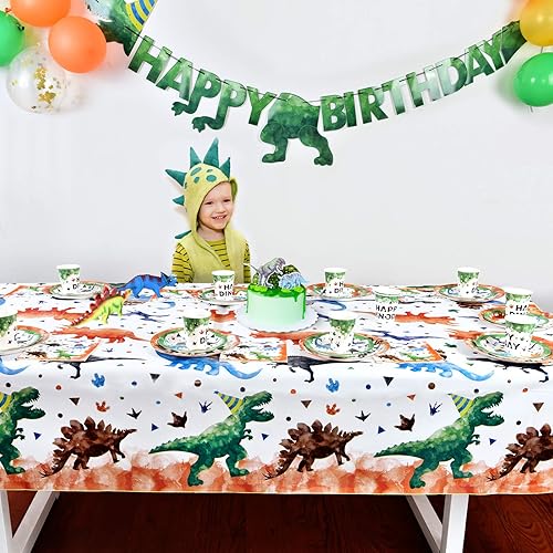 Vista 4 de WERNNSAI 1 mantel de dinosaurio – Decoración de cumpleaños de dinosaurios Tres Rex, mantel de dinosaurio para niños, baby shower, suministros