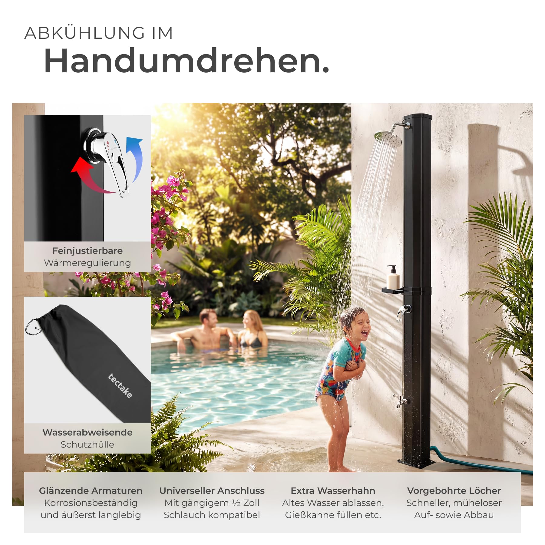 TecTake® Solardusche 35 l, bis 60° C, drehbarer Regenduschkopf, Gartenschlauch-Anschluss, Wasserhahn, Seifenablage, Schutzfolie, Schutzhülle, Außendusche, Solarduschen, schwarz