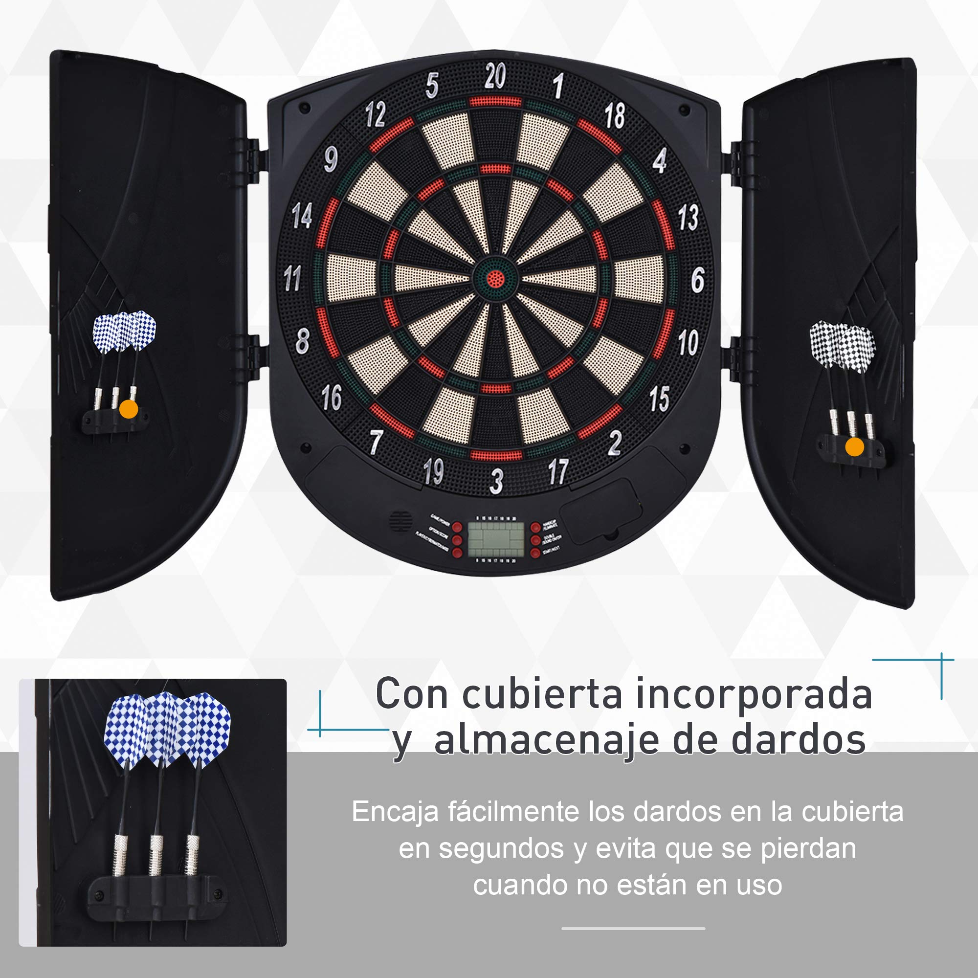 HOMCOM Diana Electrónica Digital Diana con 6 Dardos hasta 8 Jugadores Marcador Puertas Laterales Pantalla LCD y 26 Juegos 44x4,4x50 cm Negro