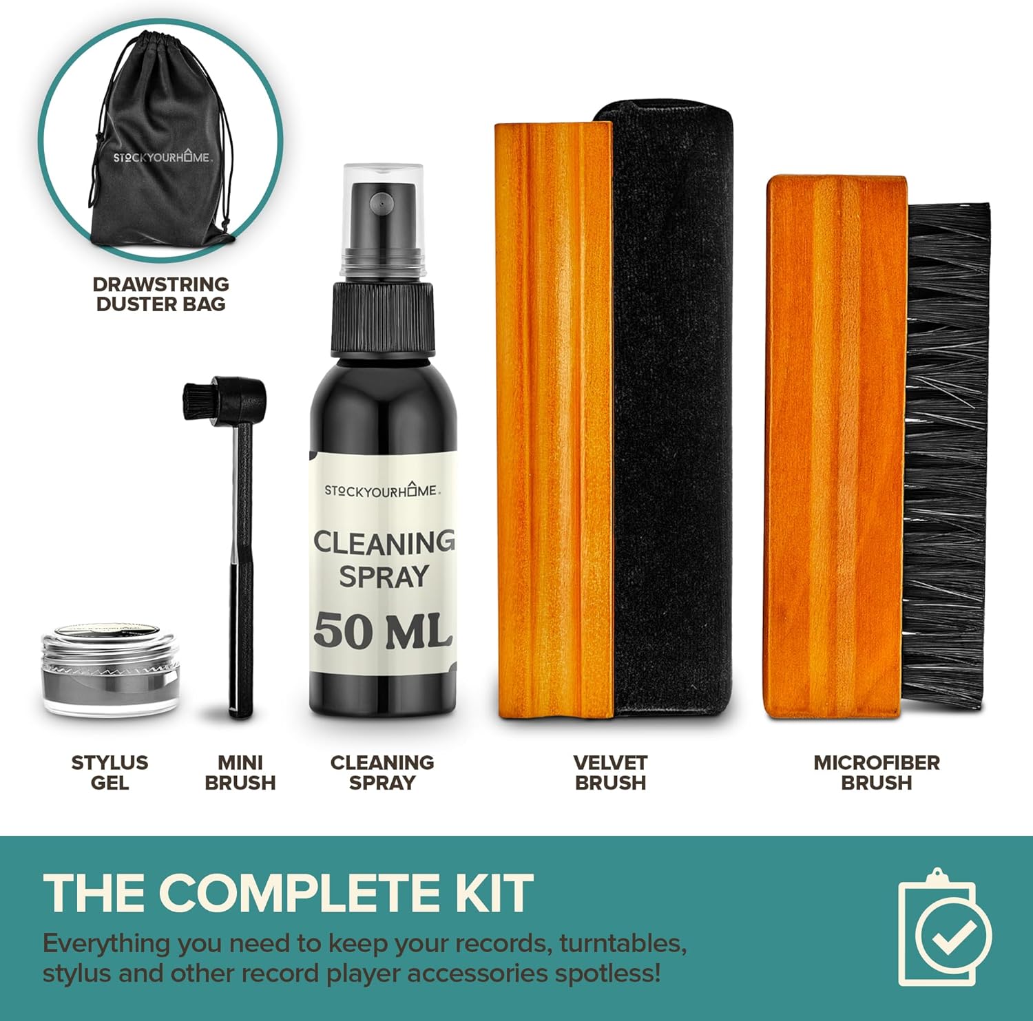 Stock Your Home Vinyl Record Cleaning Kit – 6-Piece Set with Vinyl Cleaner Spray, Anti-Static Velvet Brush, Needle Cleaning Gel & Brush, Drawstring Duster Bag - Image 2