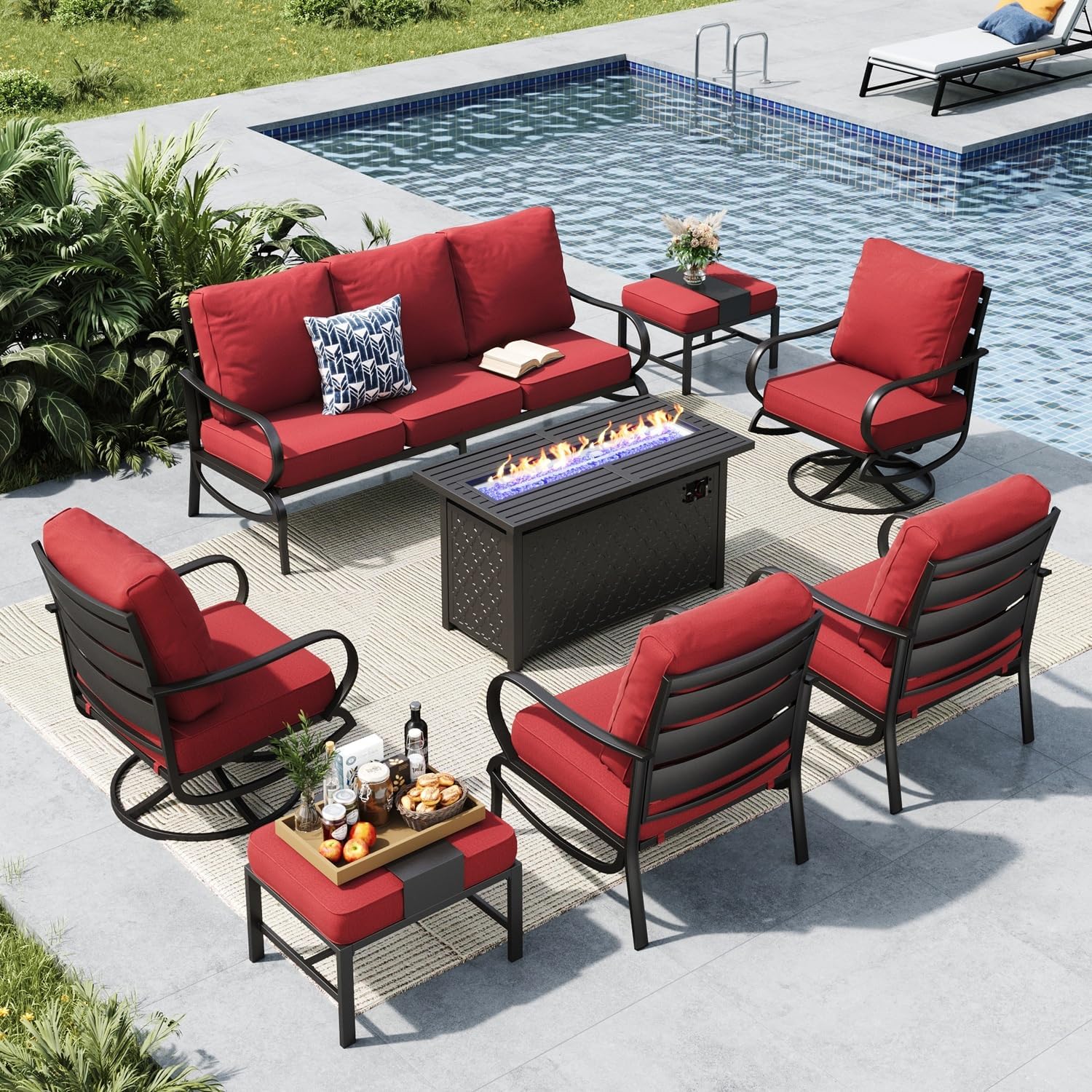 MFSTUDIO 8 Pieces Patio Furniture Sets with 45" Gas Fire Pit Table(Up to 9 Seat),Outdoor Metal Conversation Sofas with 1 x 3-Seat Sofa, 2 Single Chairs,2 Swivel Chairs and 2 Ottoman,Red Cushion