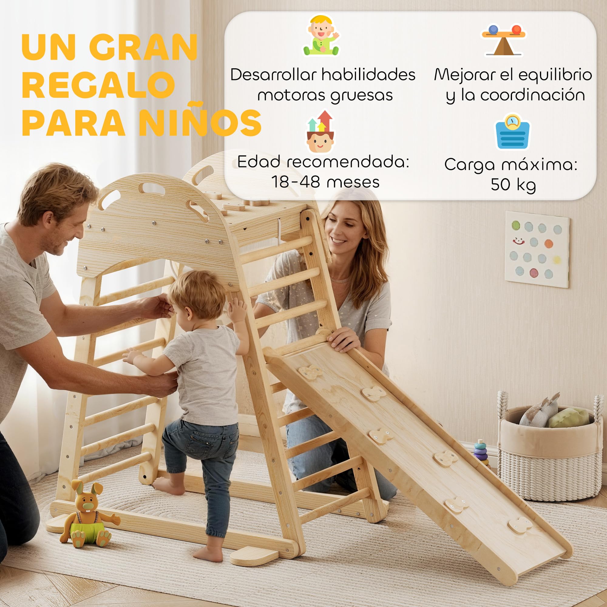 AIYAPLAY 6 en 1 Triángulo de Escalada Montessori, Estructura de Escalada de Madera con Plataforma, Anillos y Tobogán, para Deslizarse o Escalar, para Niños de 18-48 Meses, Interiores, Natural