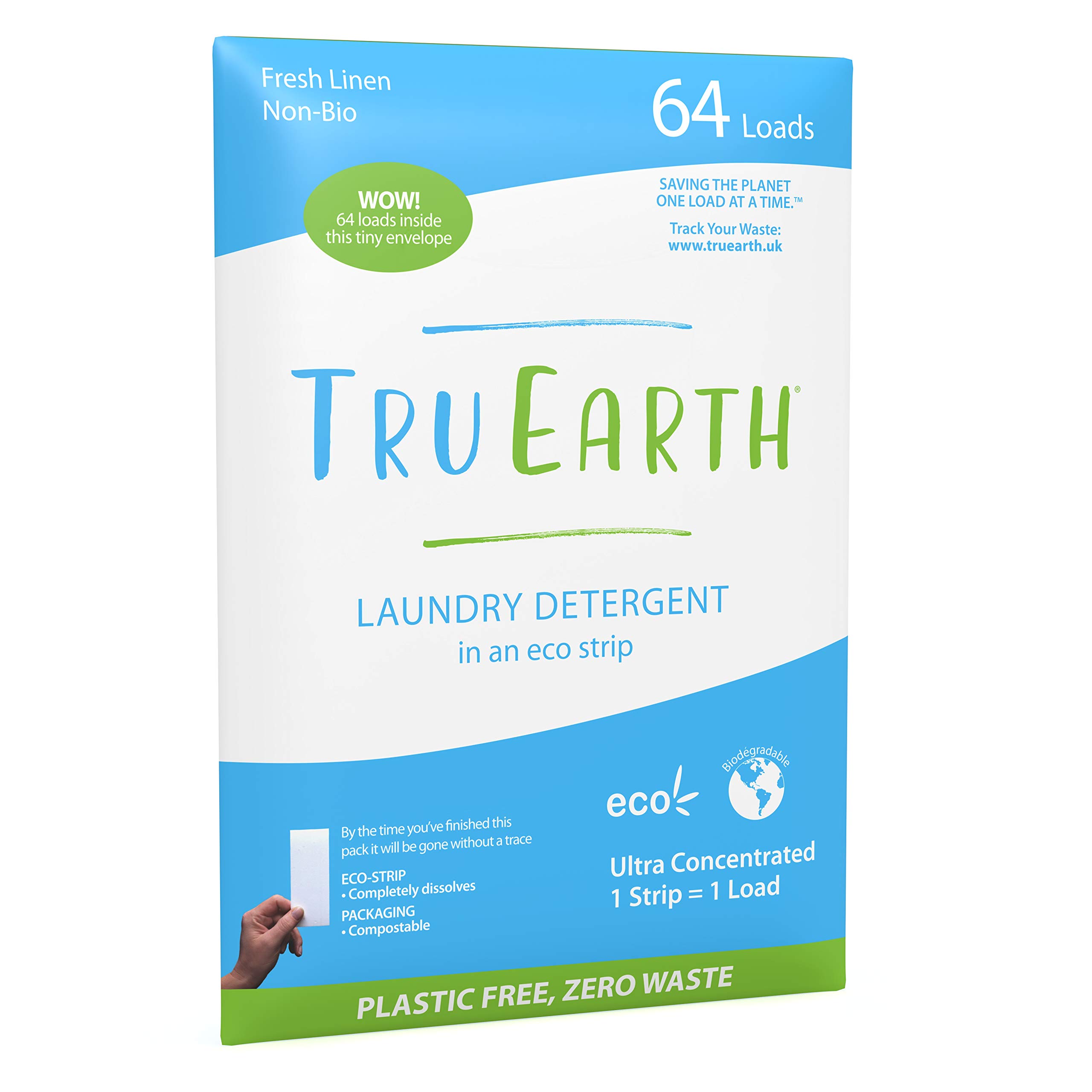 Tru Earth Eco-Strips - Strisce detergenti per bucato, 64 lavaggi, senza imballaggio in plastica, ultra concentrate, strisce pre-misurate, facile da riporre, ideale per lavaggio a mano e in lavatrice,